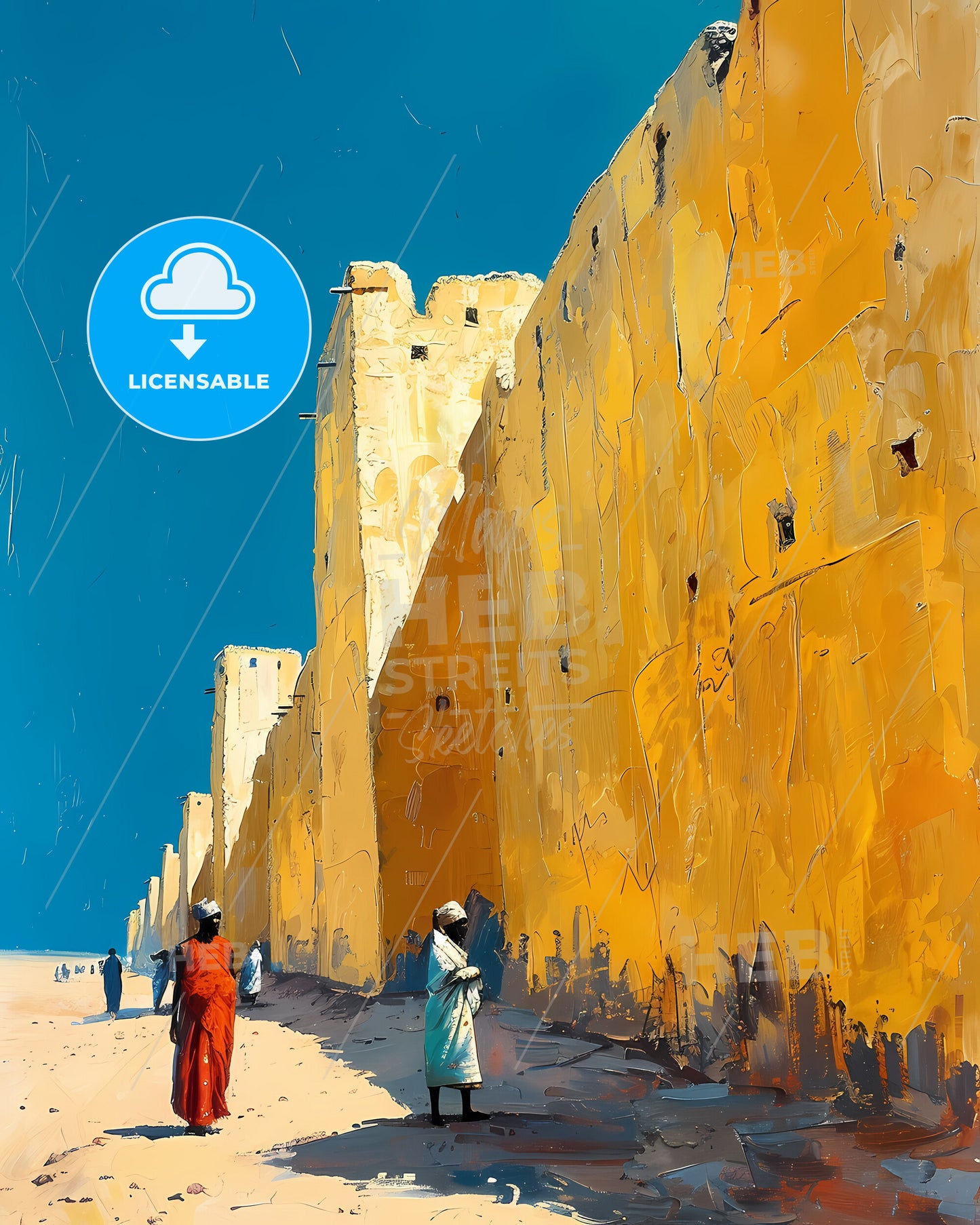 Vibrant Mali Street Scene: Colorful Painting Depicting African Culture and Heritage