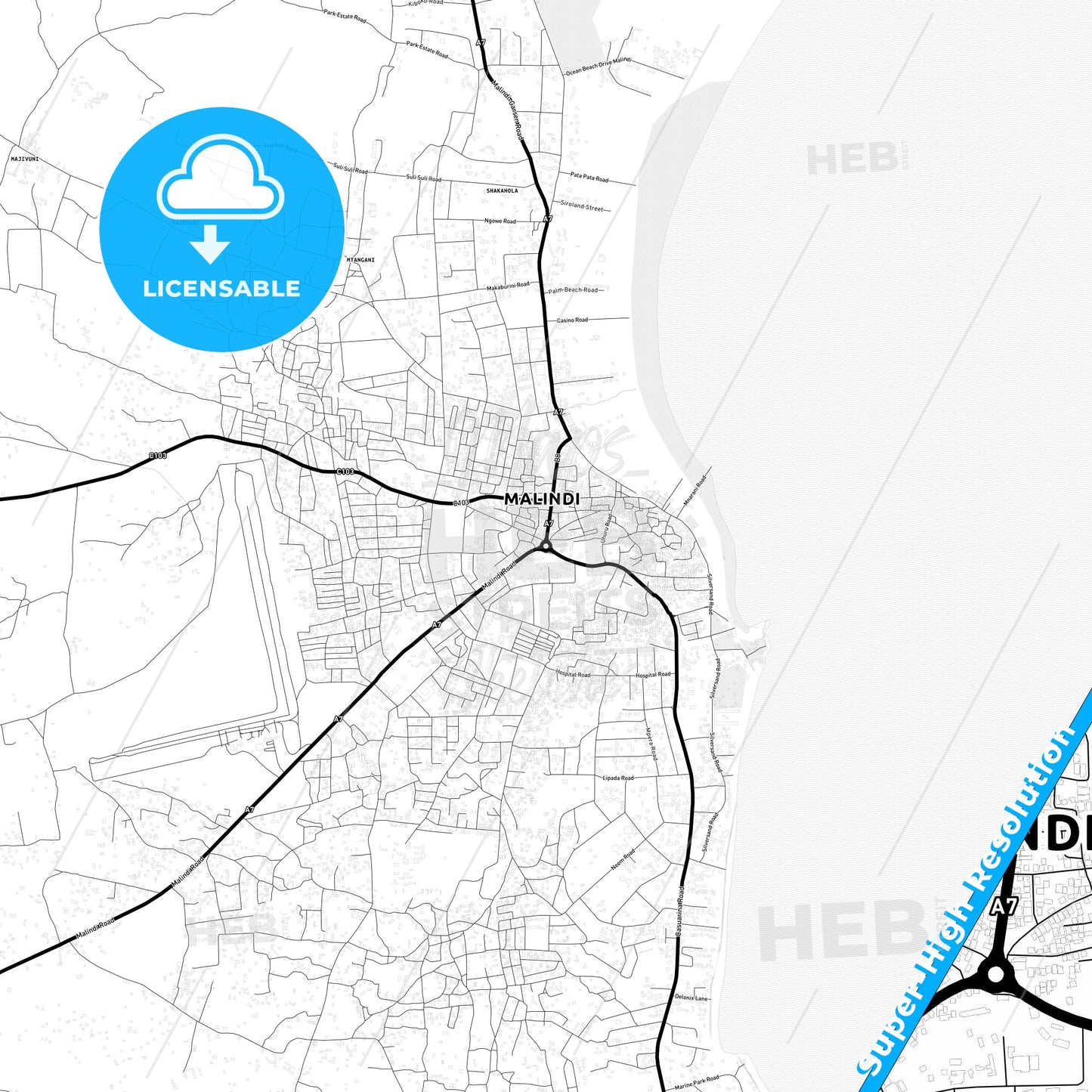 Malindi, Kenya Light Map with Street Names, City Names, and Districts