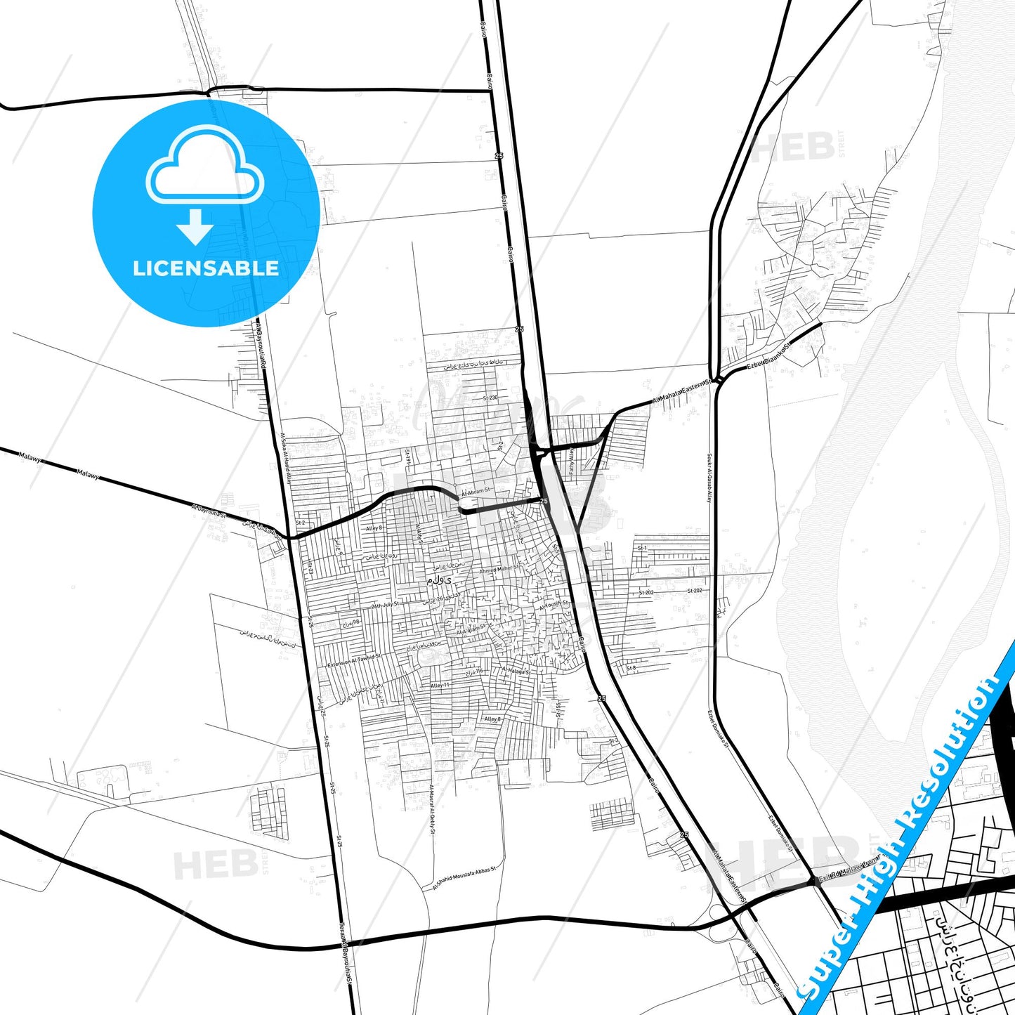 Mallawi, Egypt Light Map with Street Names, City Names, and Districts