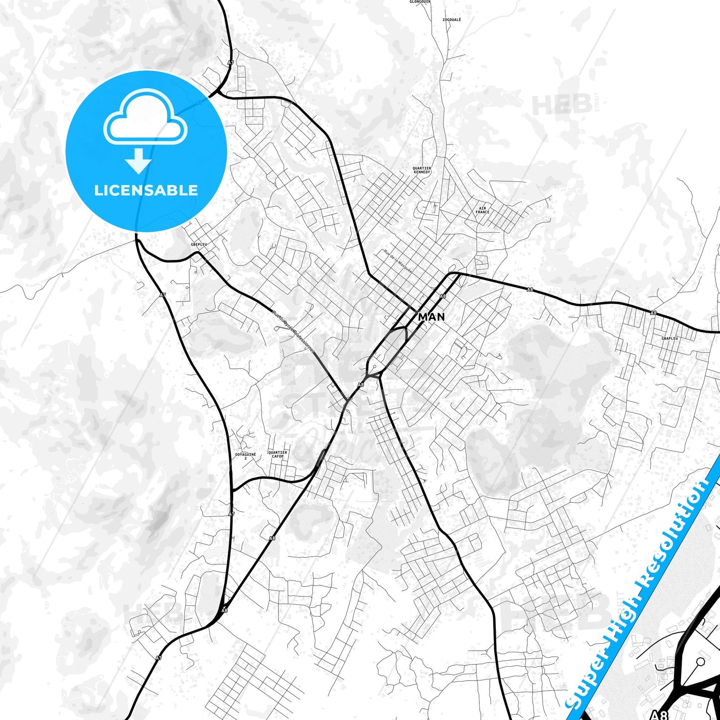 Man, Ivory Coast Light Map with Street Names, City Names, and Districts