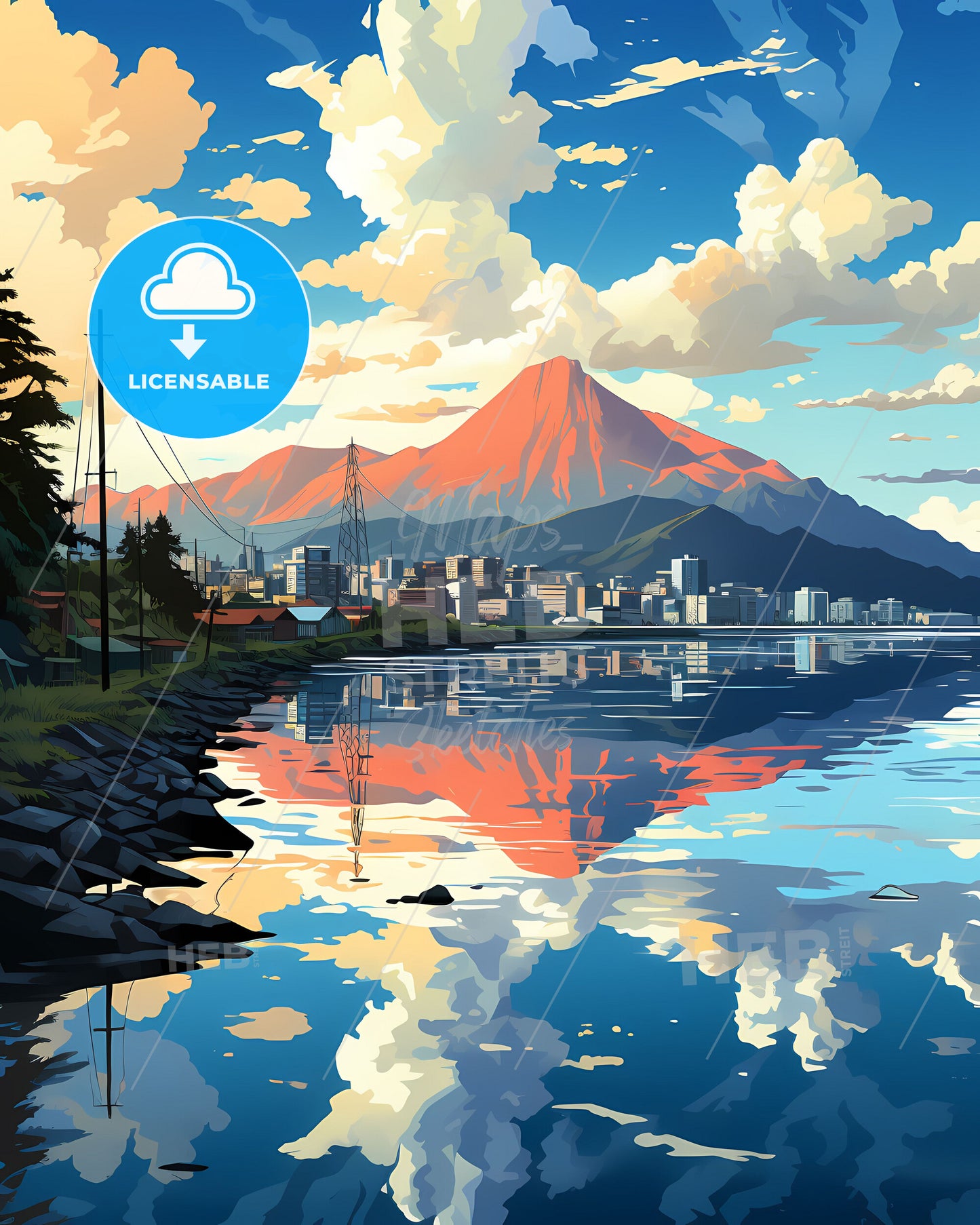 Panoramic View of Manado Indonesia Cityscape with Mountain Landscape and Vibrant Artistic Touch