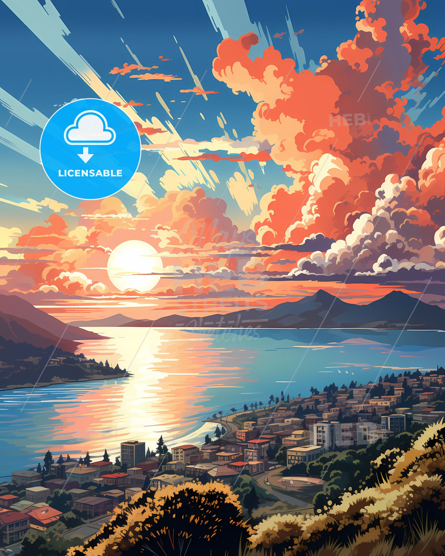 Vibrant Painting of Manado Indonesia Skyline City Sunset Panorama Art