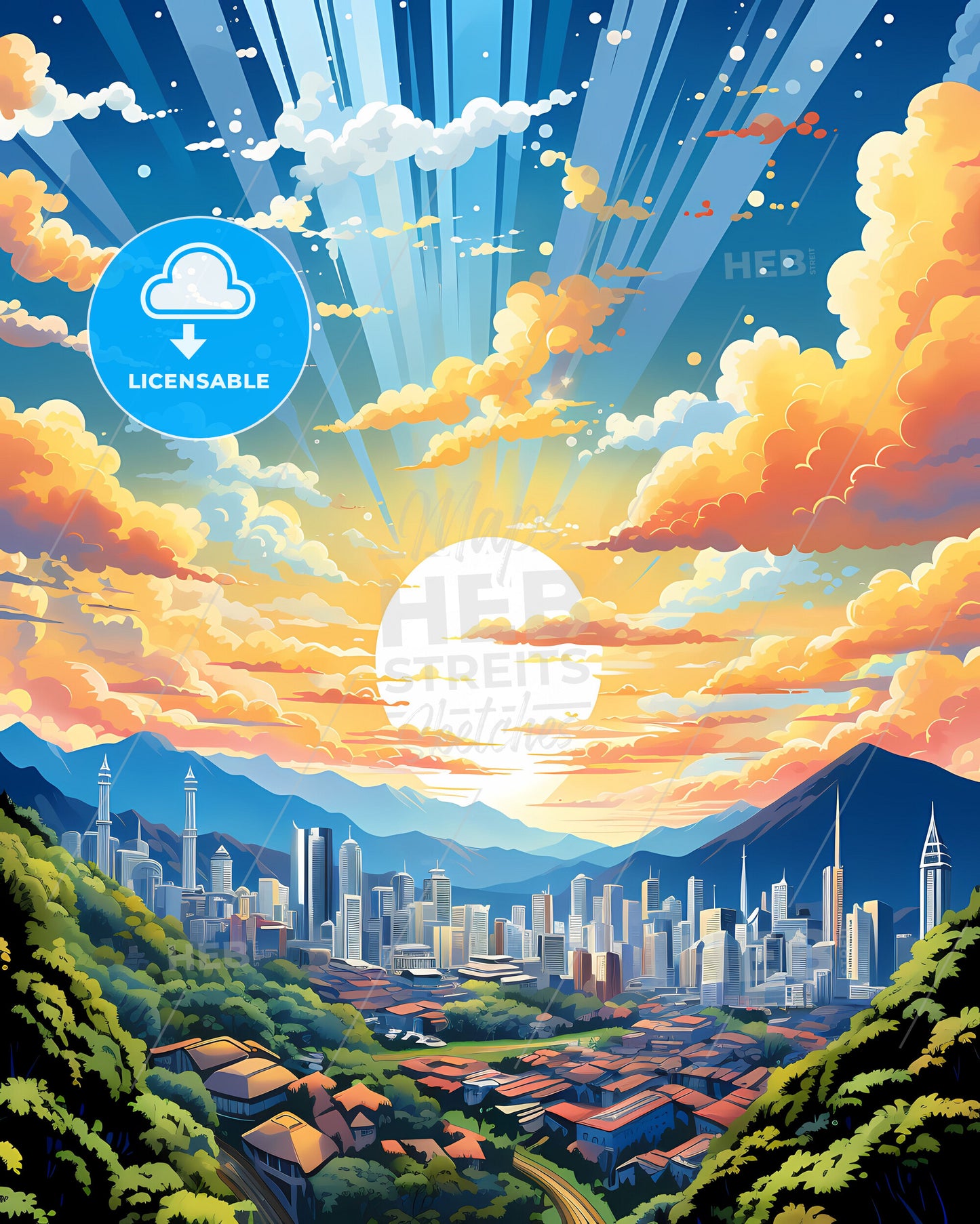 Cityscape Painting of Manado Skyline, Indonesia, Surrounded by Mountains, Art Focus