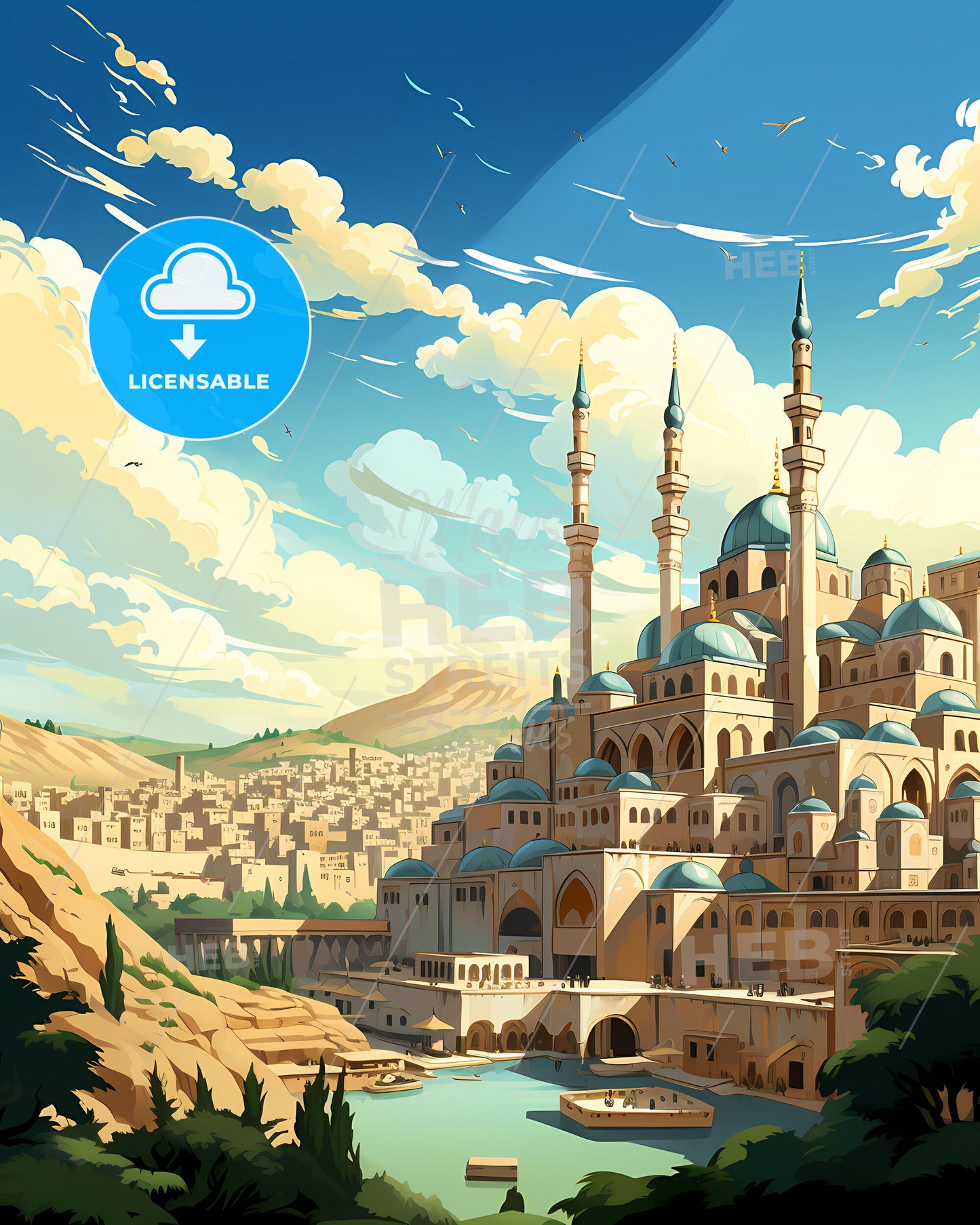 Vibrant Art Deco Skyline Painting of Manbij Syria with River Front and Towering Building