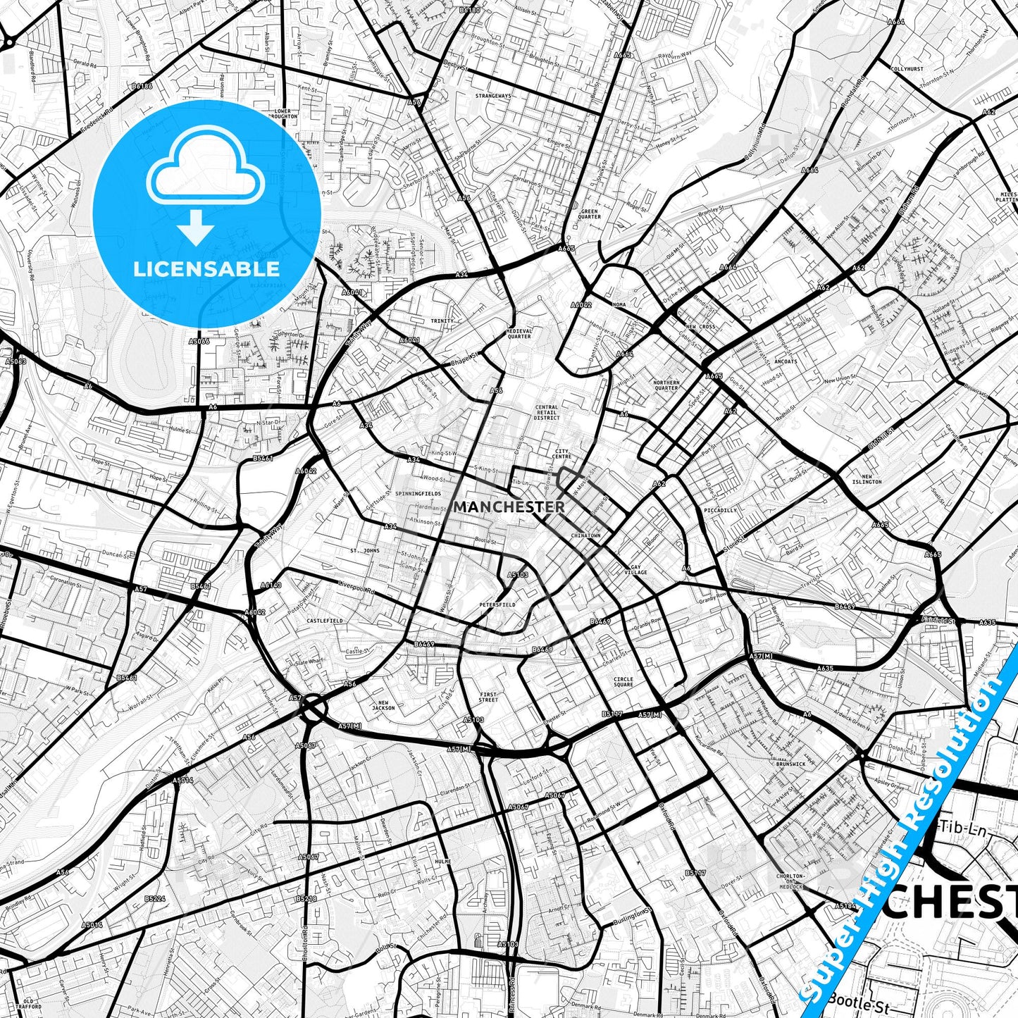 Manchester, England Light Map with Street Names, City Names, and Districts