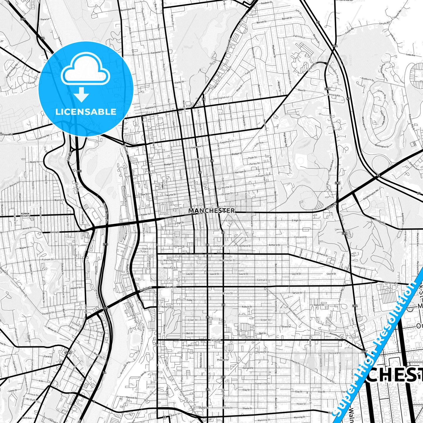 Manchester, New Hampshire Light Map with Street Names, City Names, and Districts