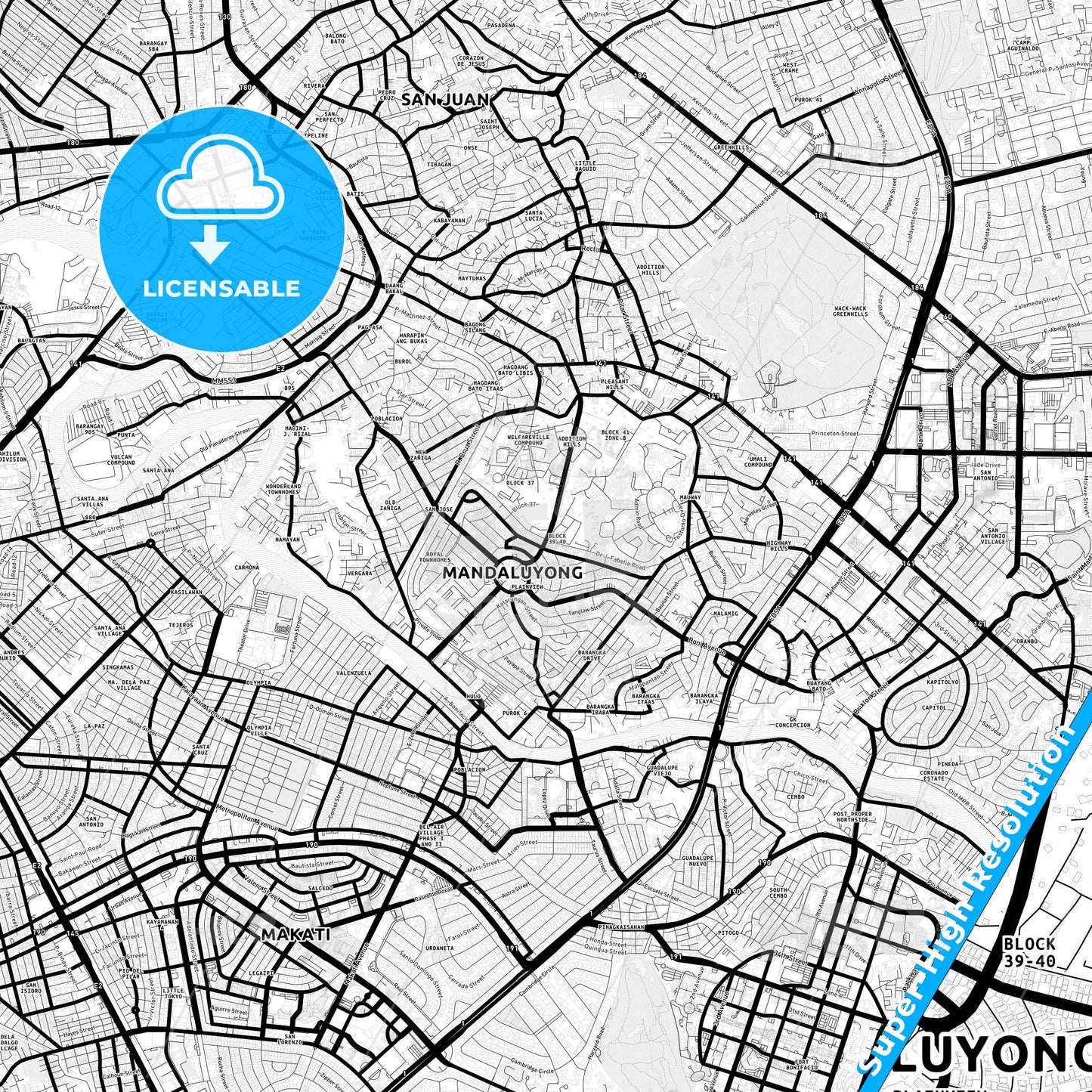 Mandaluyong, Philippines Light Map with Street Names, City Names, and Districts