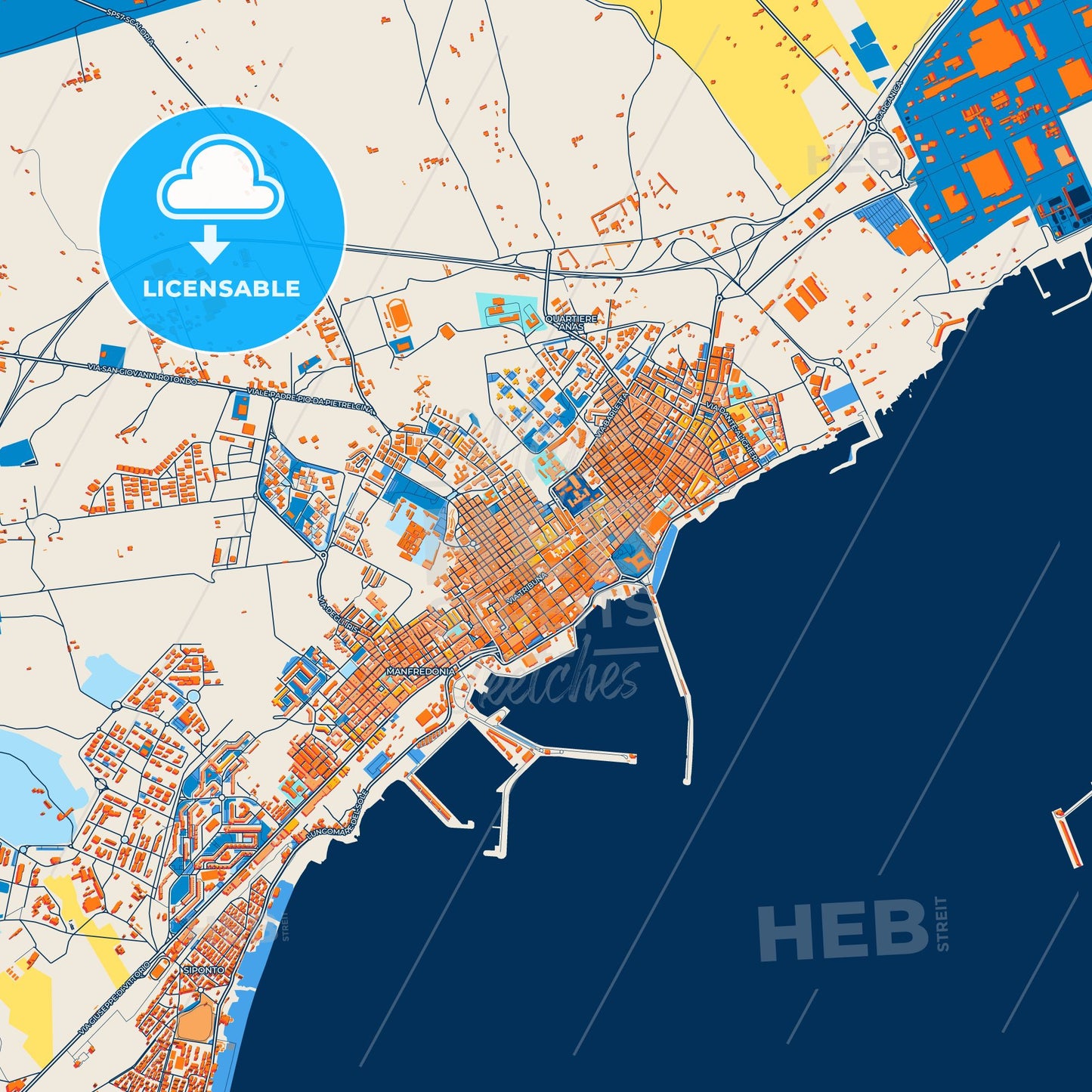 Colorful Manfredonia Street Map with Labels and Buildings