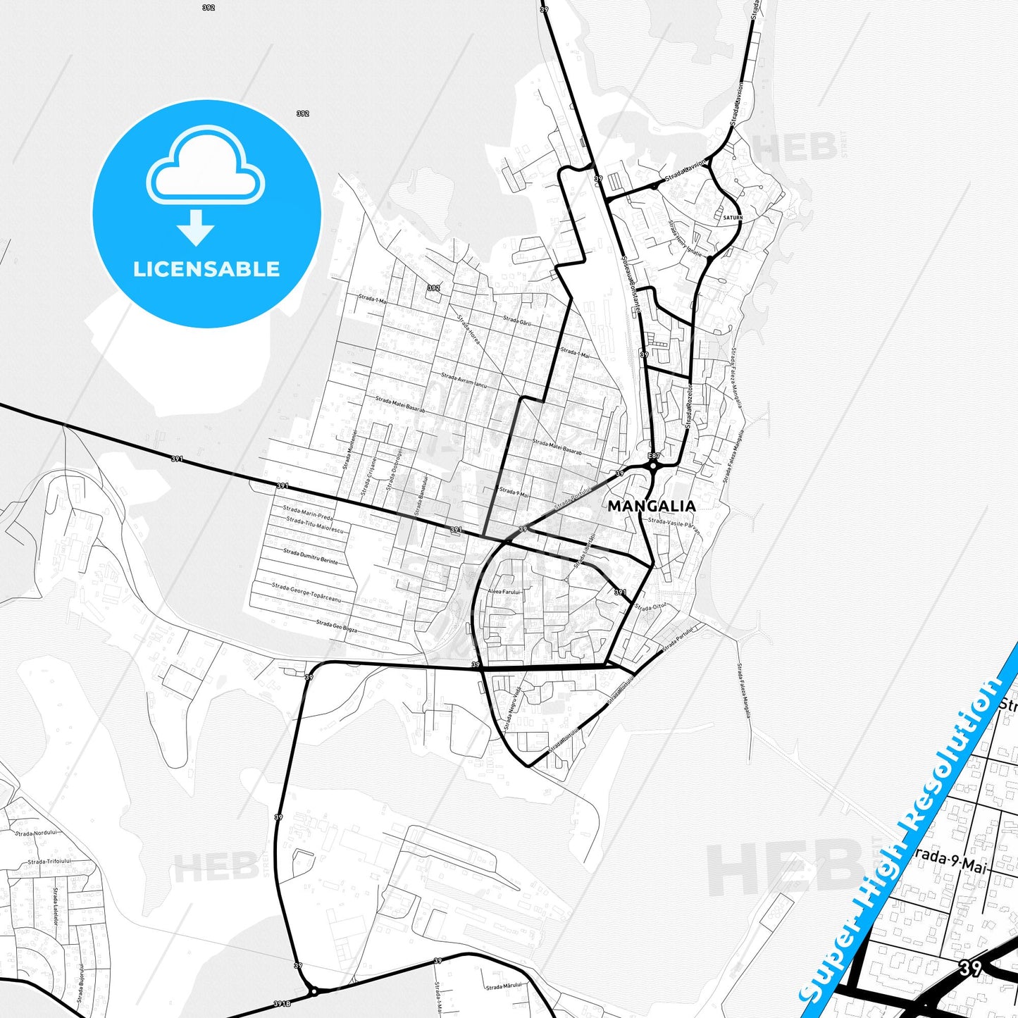Mangalia, Romania Light Map with Street Names, City Names, and Districts