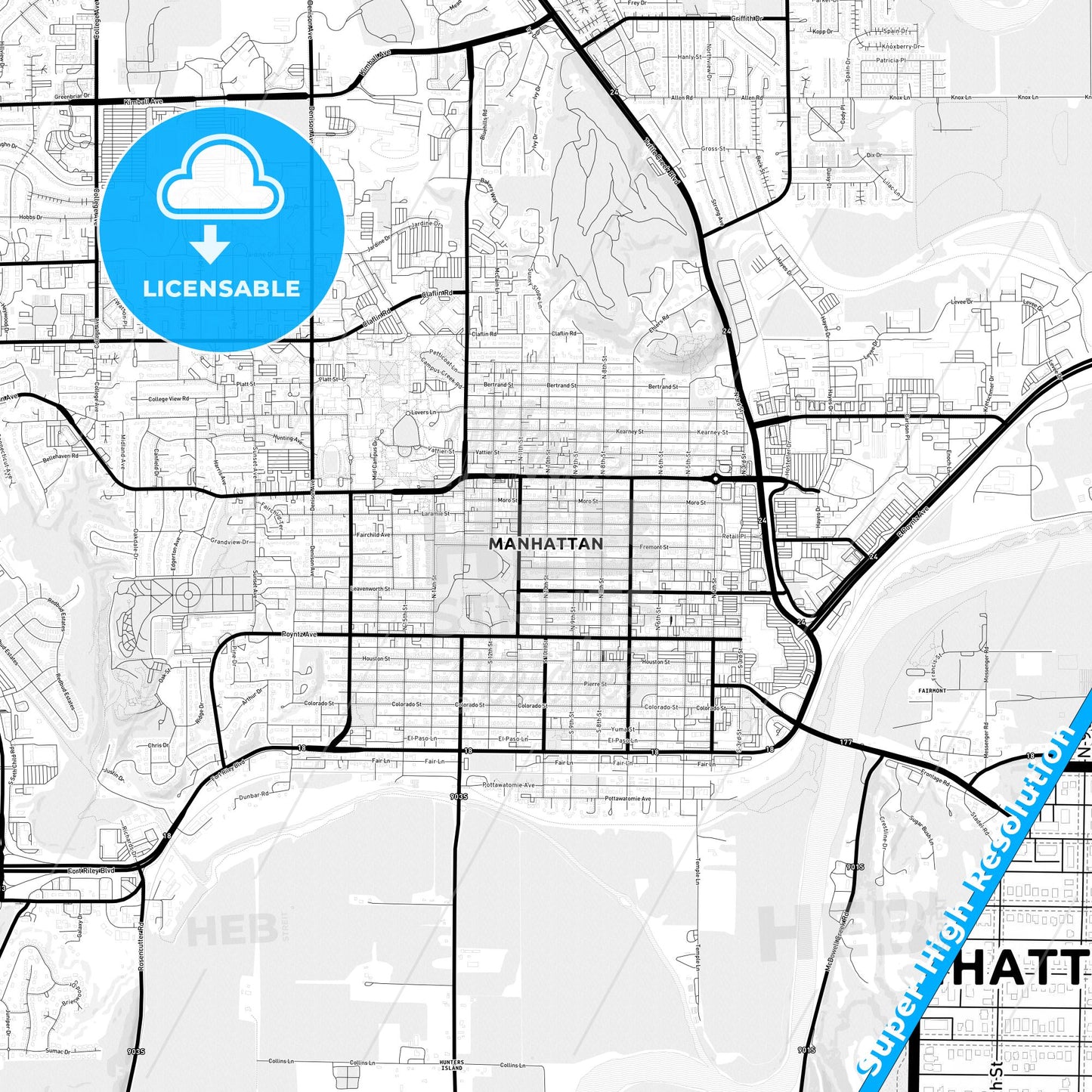 Manhattan, Kansas Light Map with Street Names, City Names, and Districts