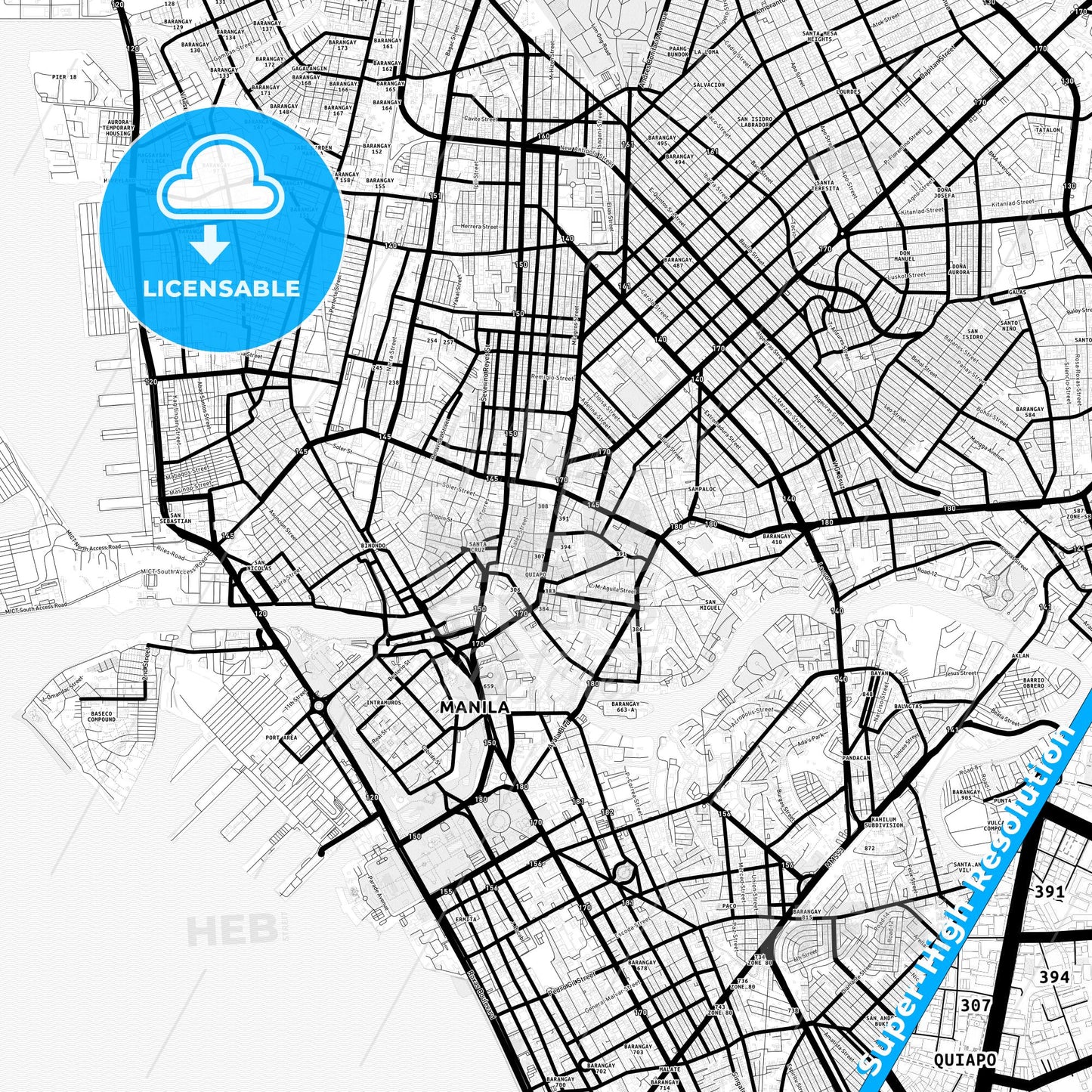 Manila, Philippines Light Map with Street Names, City Names, and Districts