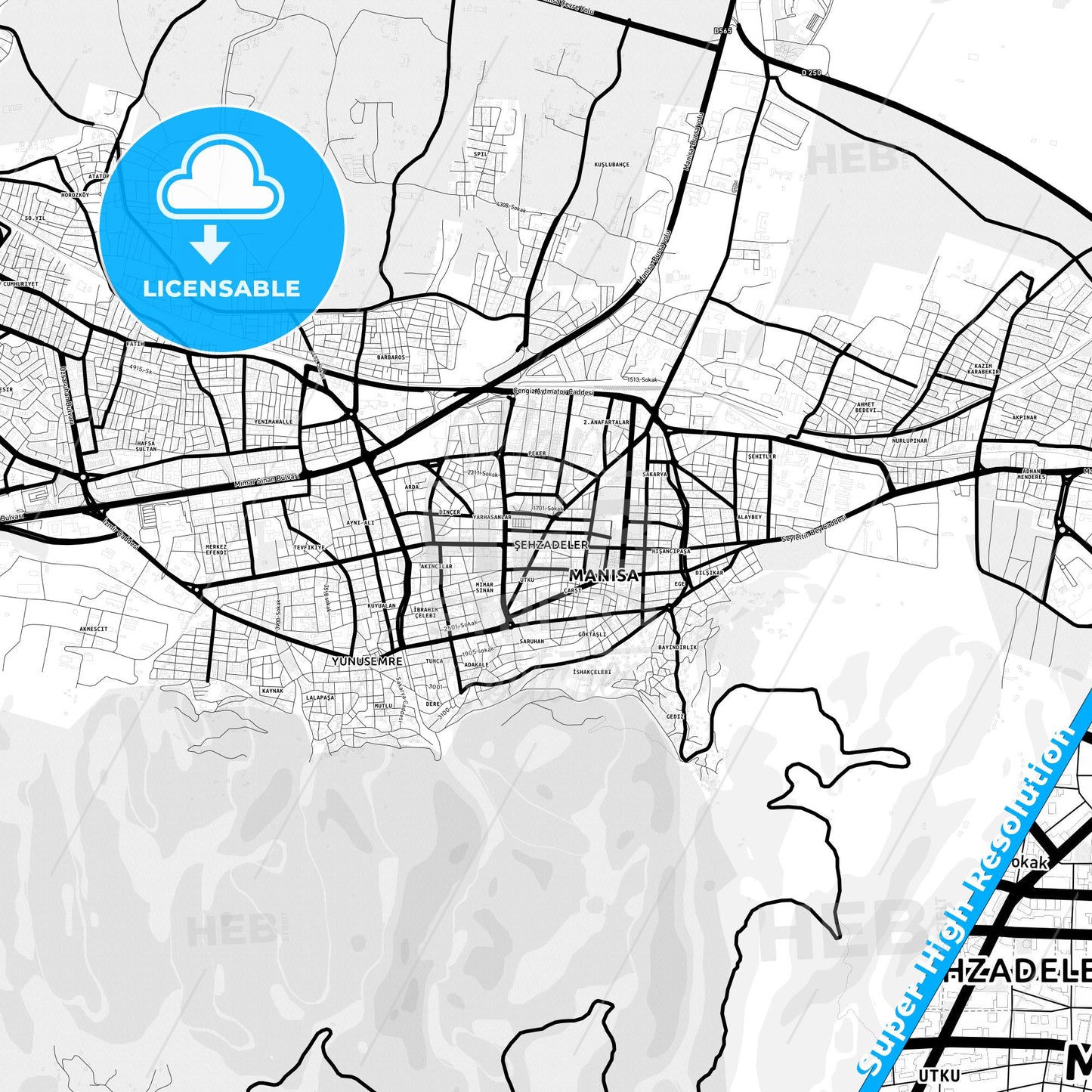 Manisa, Turkey Light Map with Street Names, City Names, and Districts