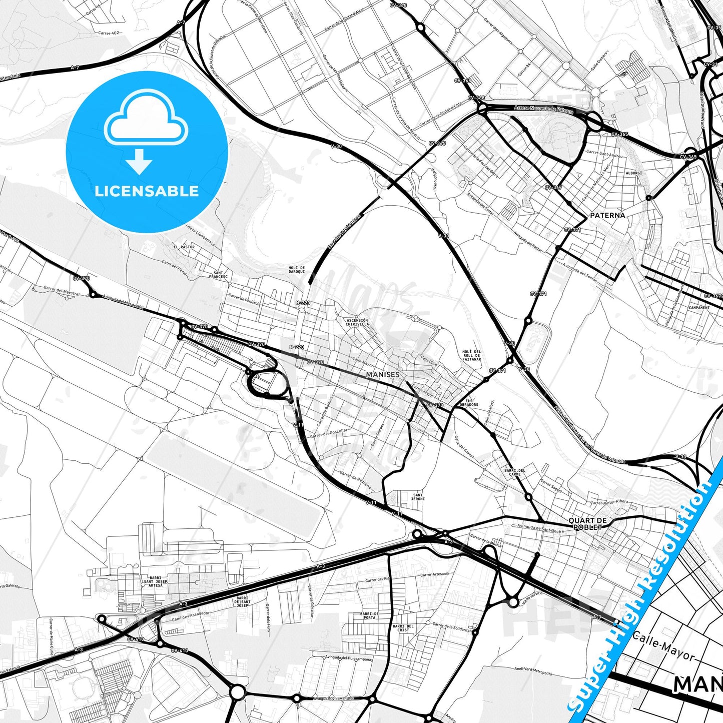 Manises, Spain Light Map with Street Names, City Names, and Districts