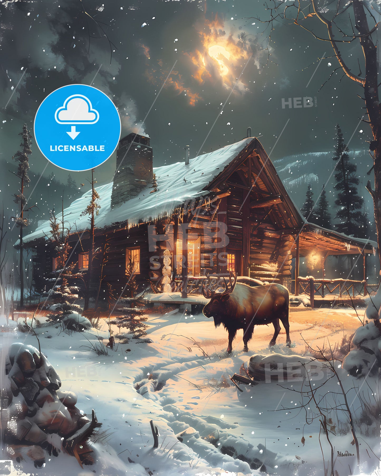 Vibrant Moose Painting in Front of a Rustic Log Cabin, Manitoba, Canada