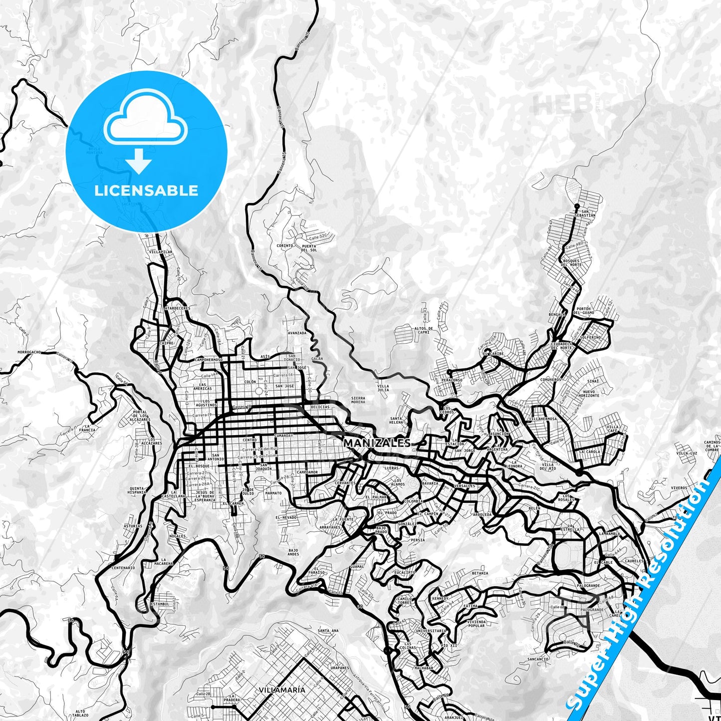 Manizales, Colombia Light Map with Street Names, City Names, and Districts