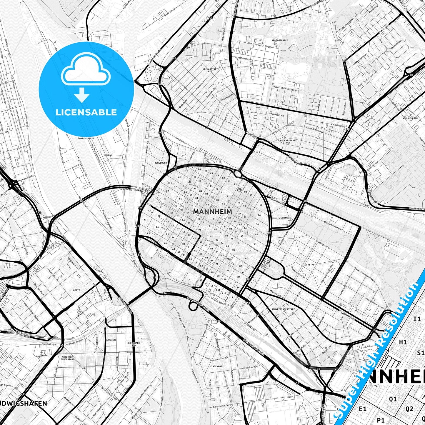 Mannheim, Germany Light Map with Street Names, City Names, and Districts
