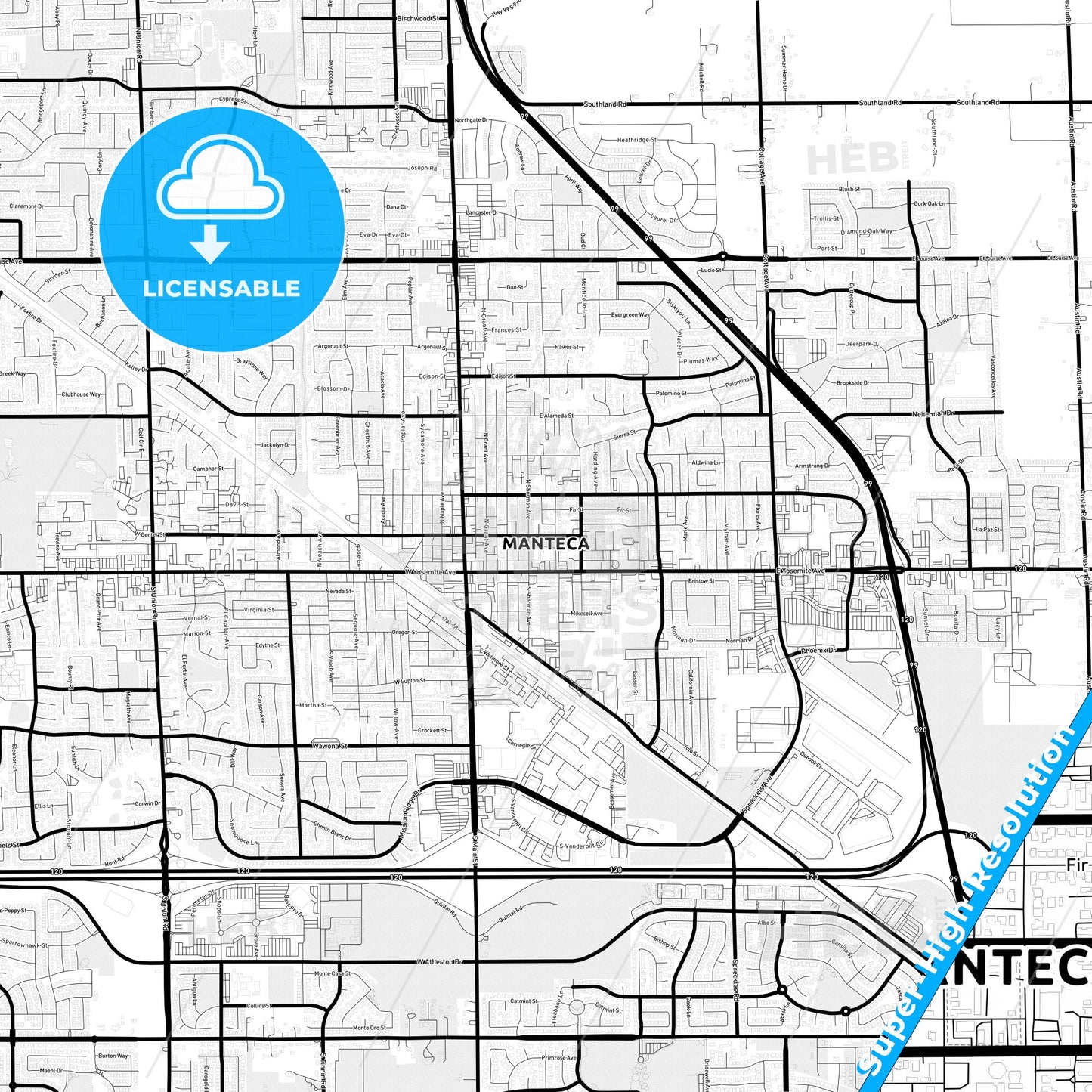 Manteca, California Light Map with Street Names, City Names, and Districts