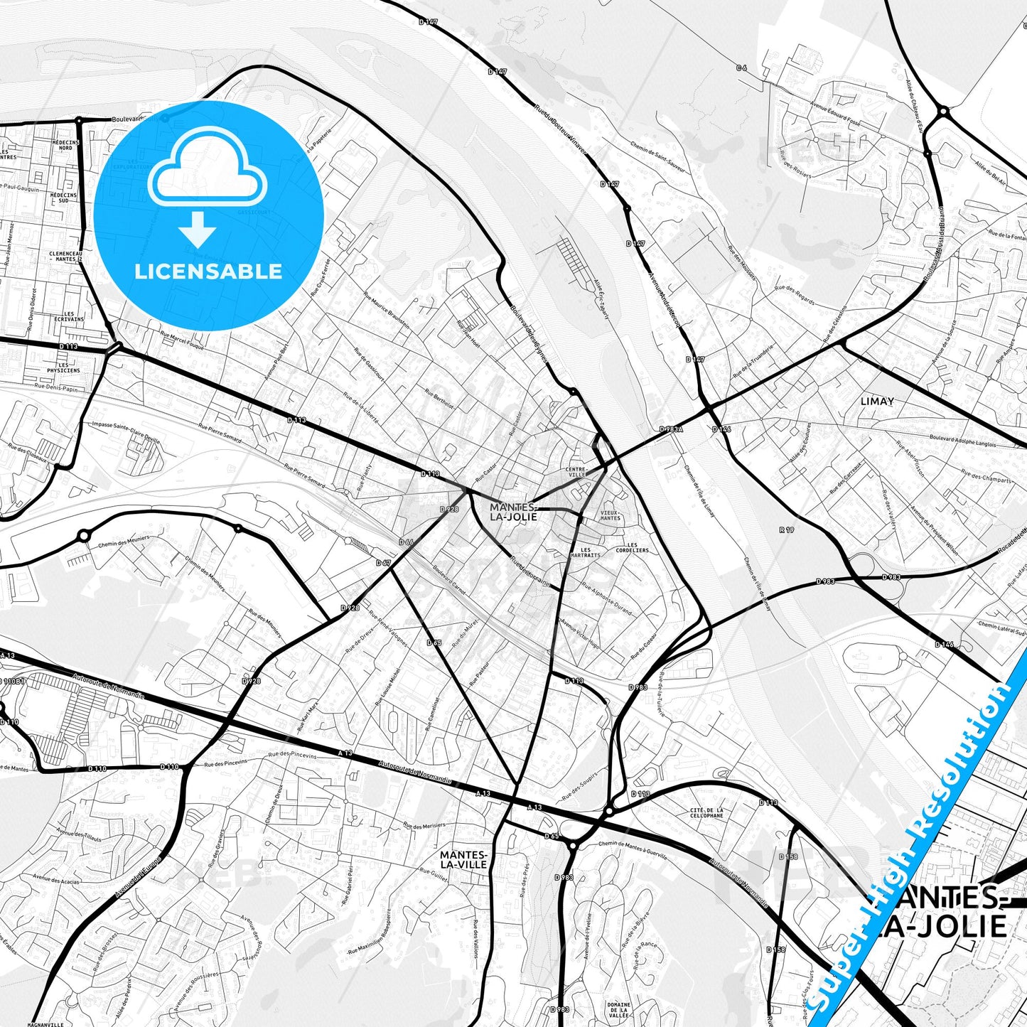 Mantes-la-Jolie, France Light Map with Street Names, City Names, and Districts