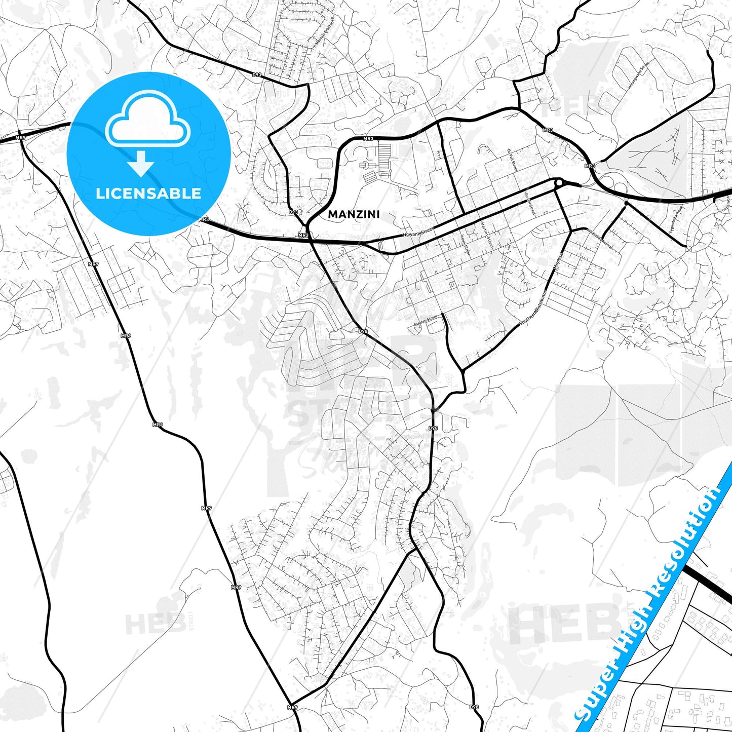 Manzini, Eswatini Light Map with Street Names, City Names, and Districts
