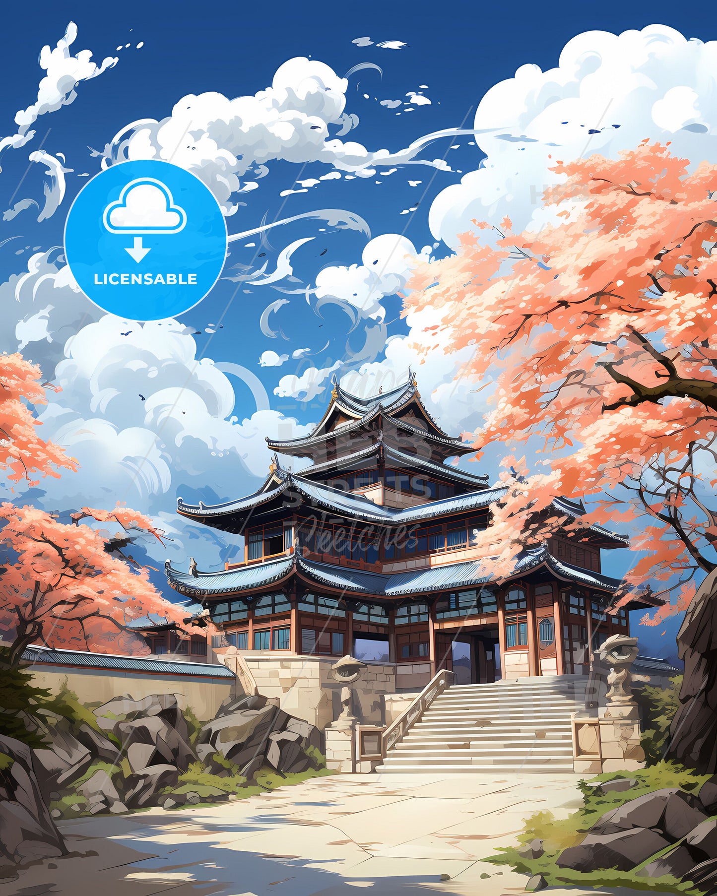 Maoming cityscape in China, vibrant painting with staircase architecture and trees for art and decoration