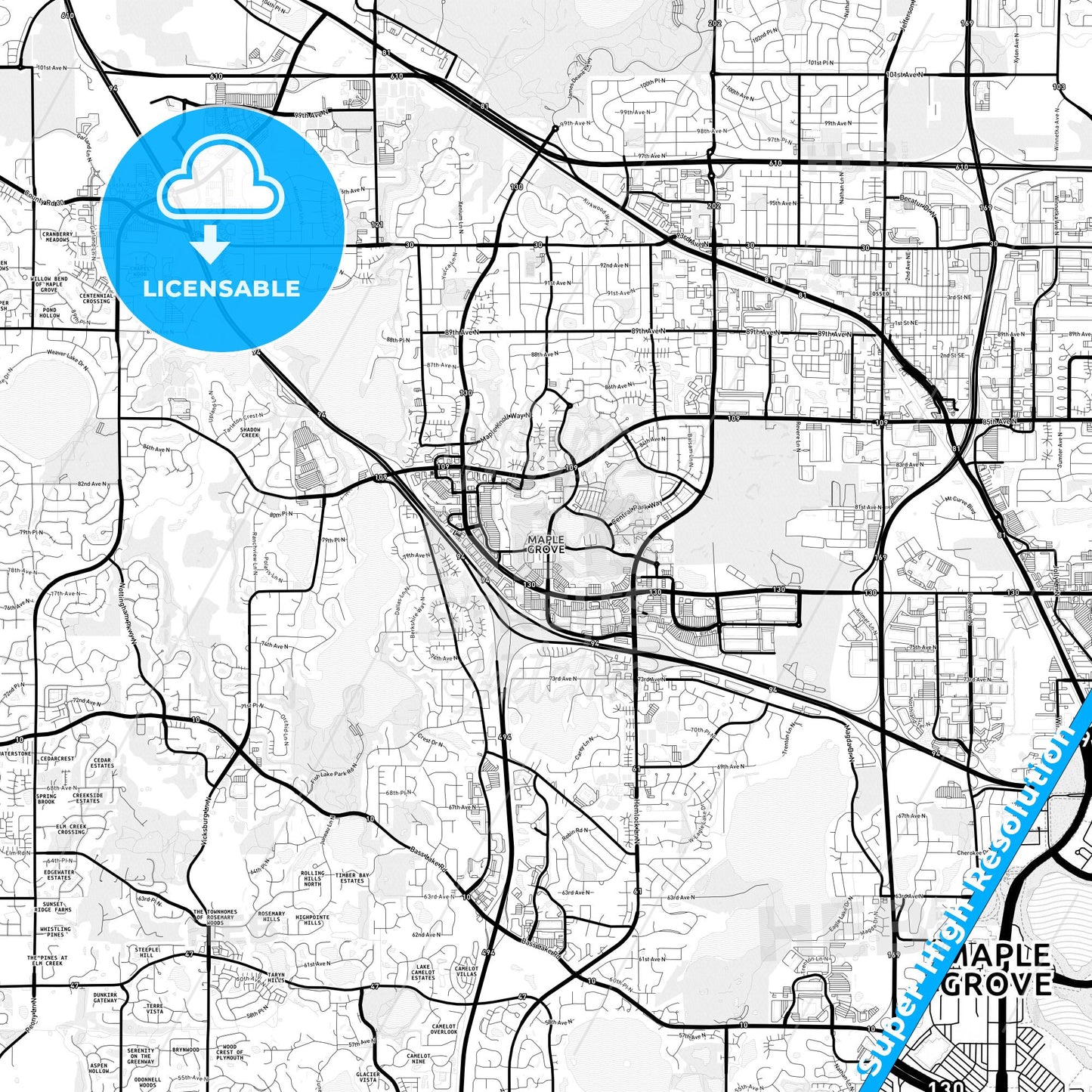 Maple Grove, Minnesota Light Map with Street Names, City Names, and Districts