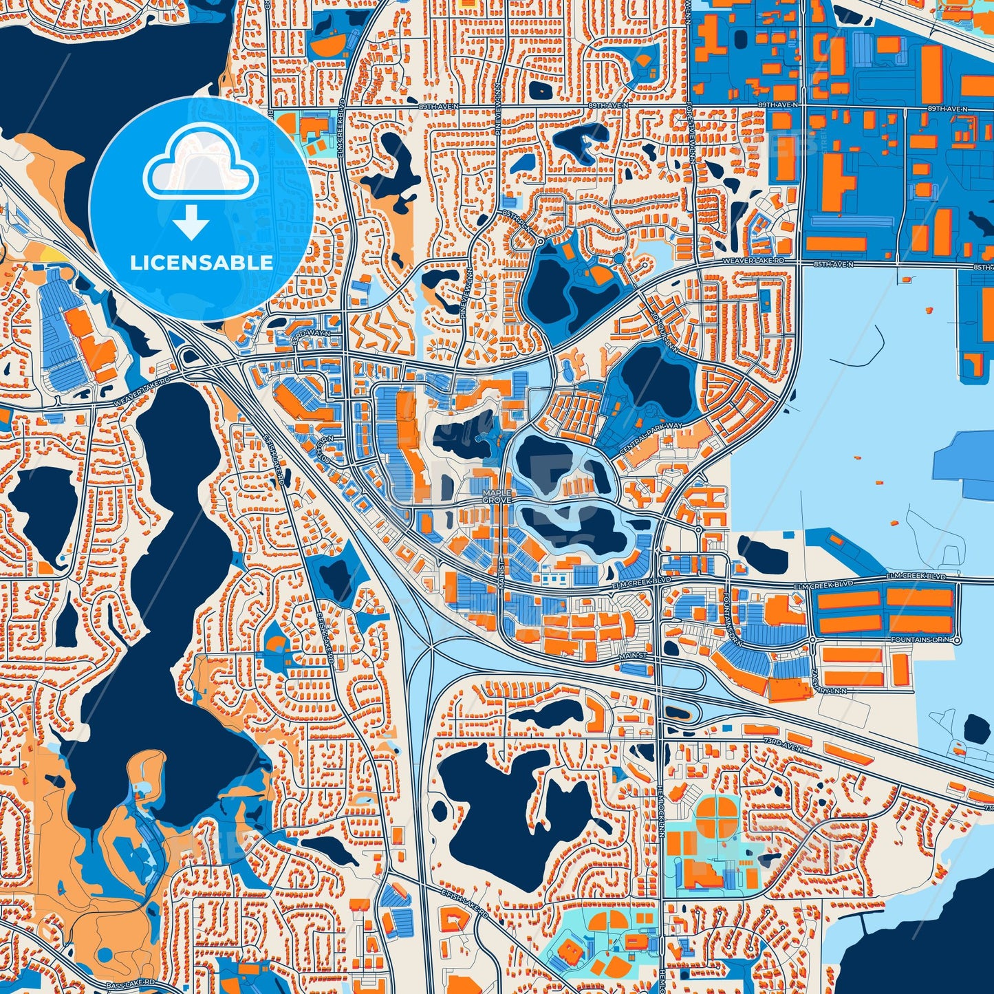 Colorful Maple Grove Street Map with Labels and Buildings