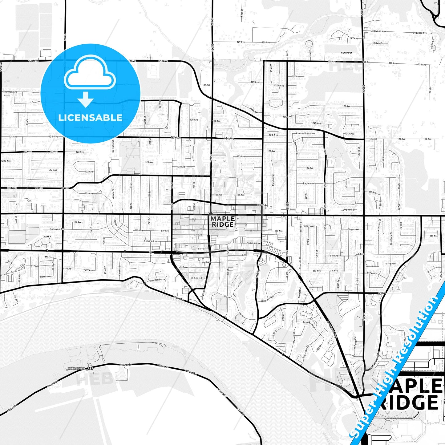 Maple Ridge, Canada Light Map with Street Names, City Names, and Districts