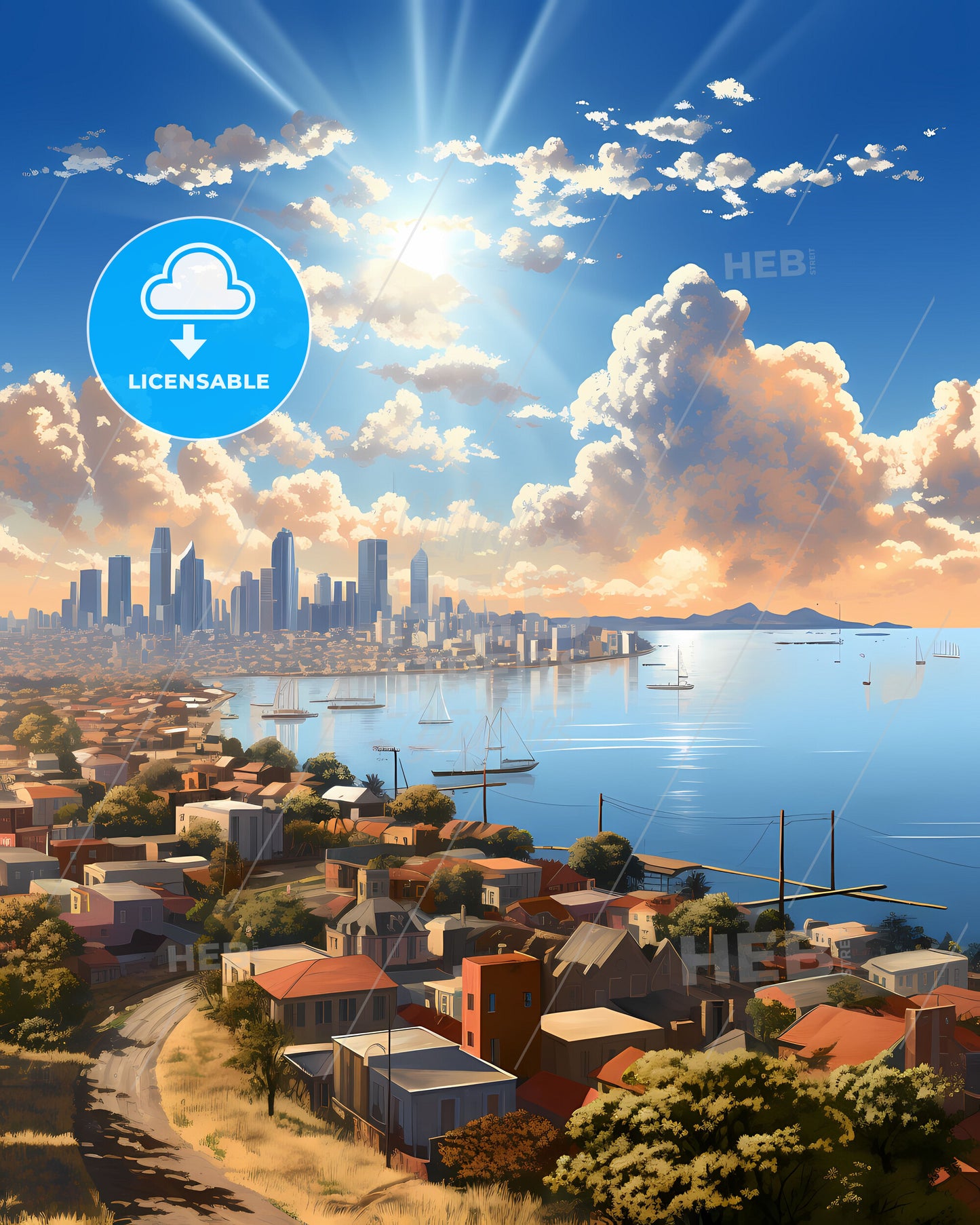 Artistic Depiction of Maputo Mozambique Skyline with Vibrant Colors on a City by Water