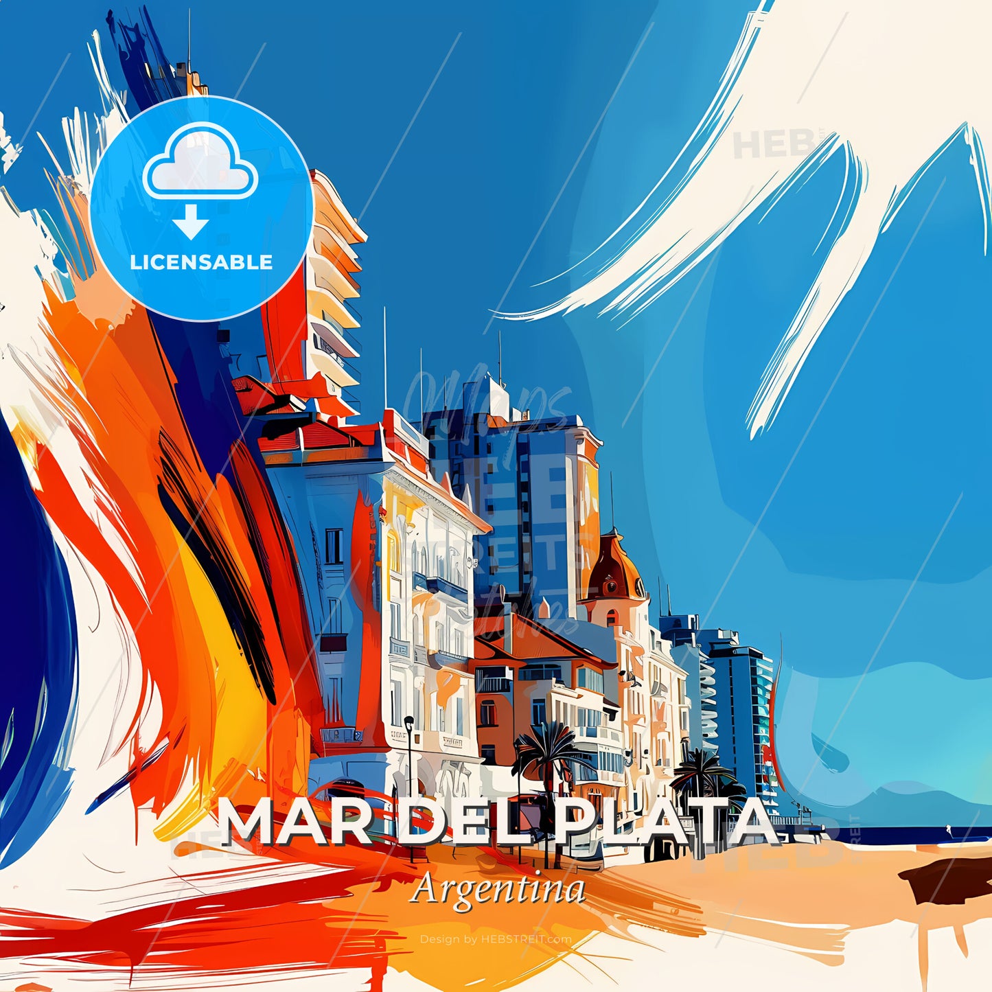 Vibrant Mar Del Plata, Argentina - A Colorful Painting Of Buildings On A Beach - Square format print template