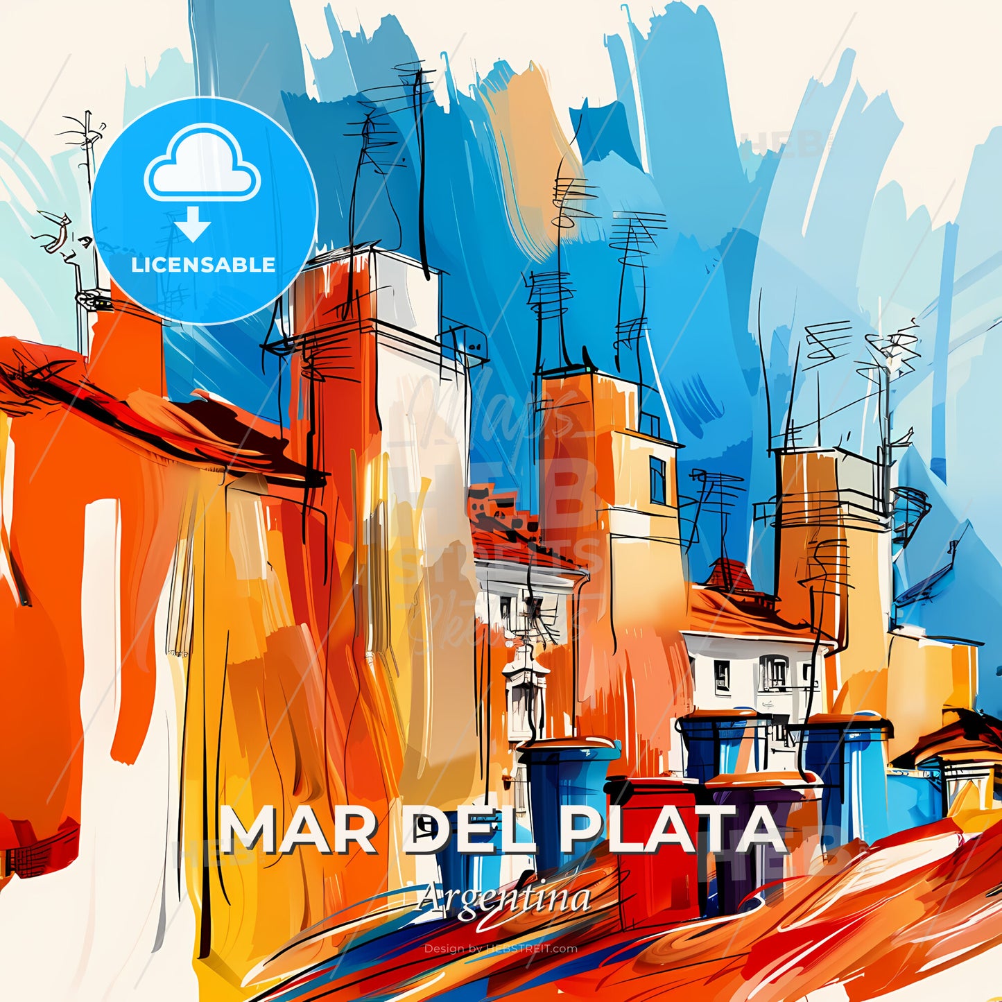Vibrant Mar Del Plata, Argentina - A Painting Of Buildings And Roofs - Square format print template