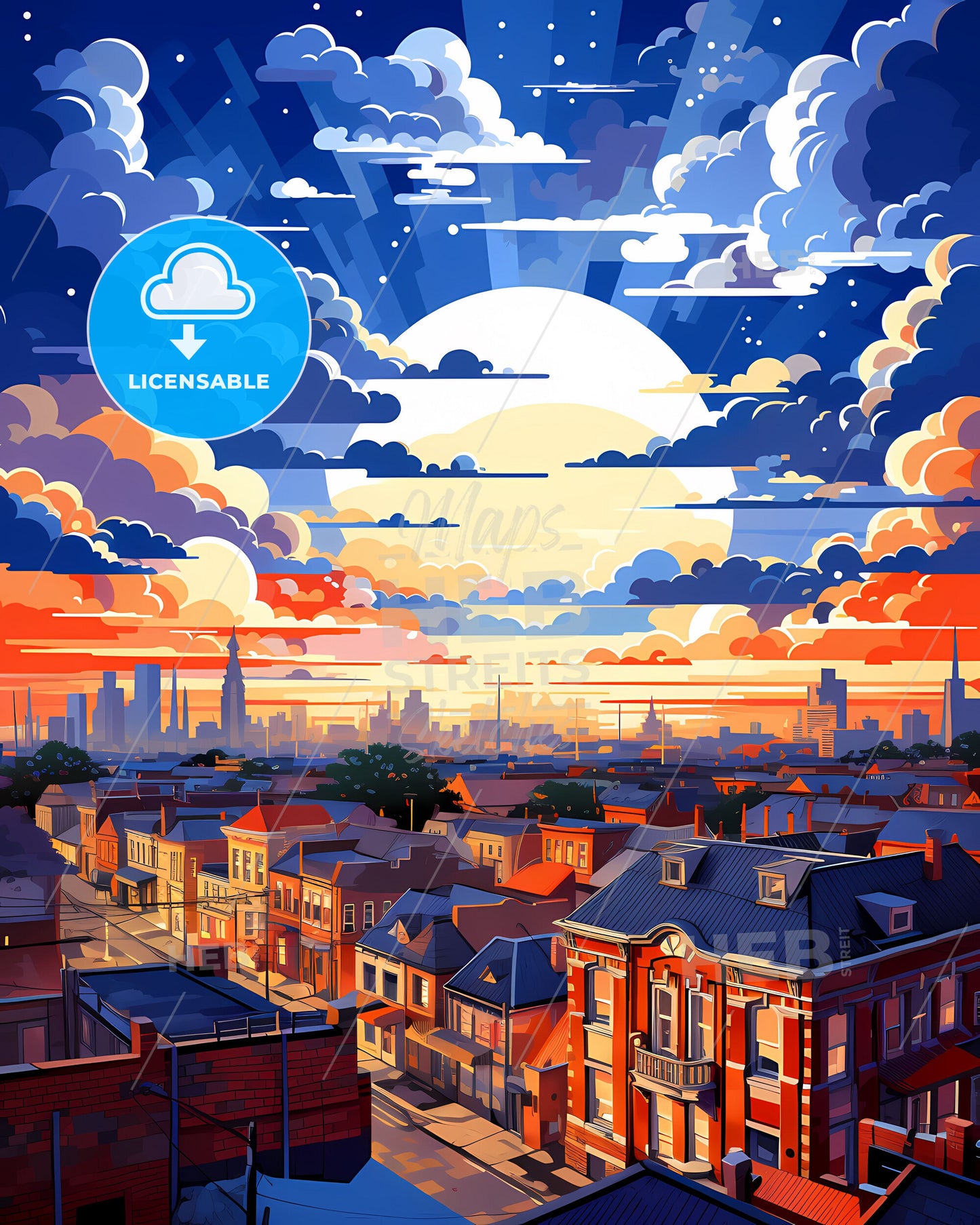 Vibrant Artistic Cityscape Painting of Mar del Plata Argentina with Colorful Buildings and Sky