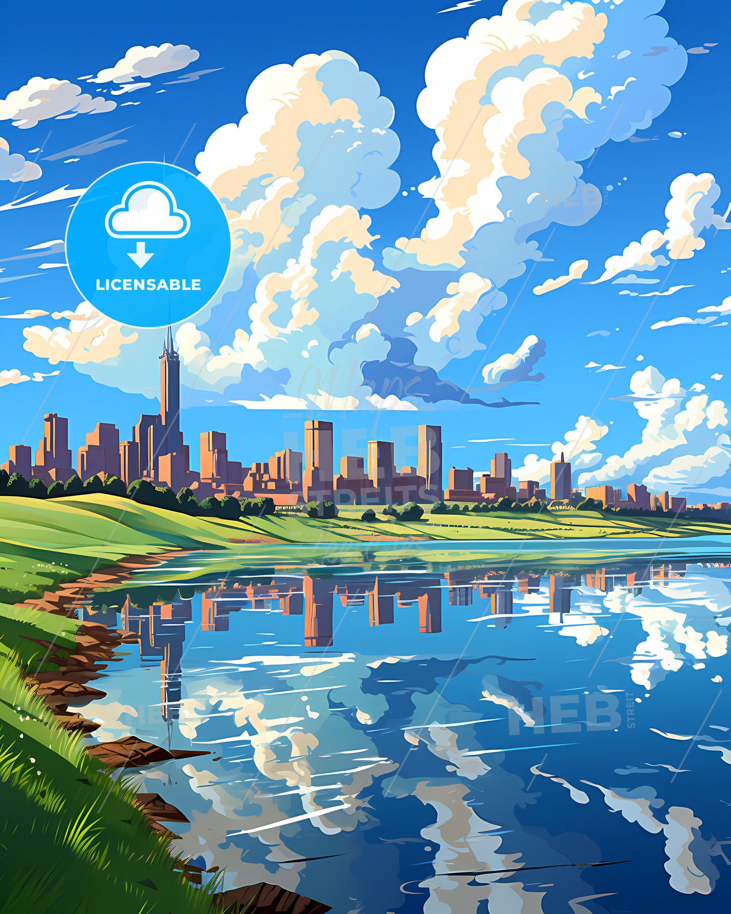 Mar del Plata Argentina Skyline Painting - City by the Lake Artwork