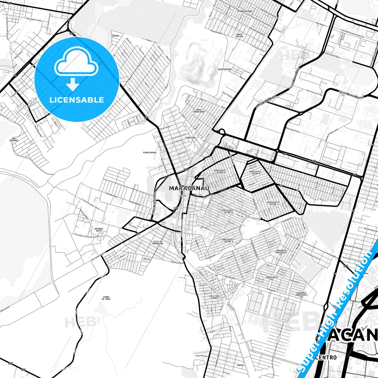 Maracanau, Brazil Light Map with Street Names, City Names, and Districts