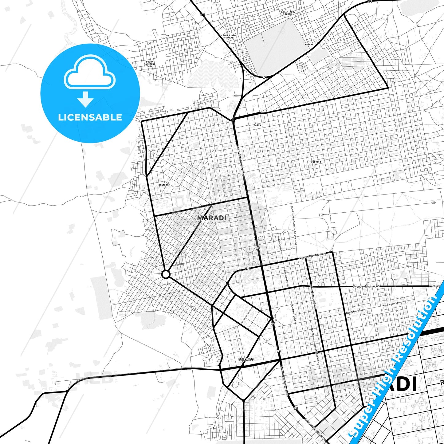 Maradi, Niger Light Map with Street Names, City Names, and Districts