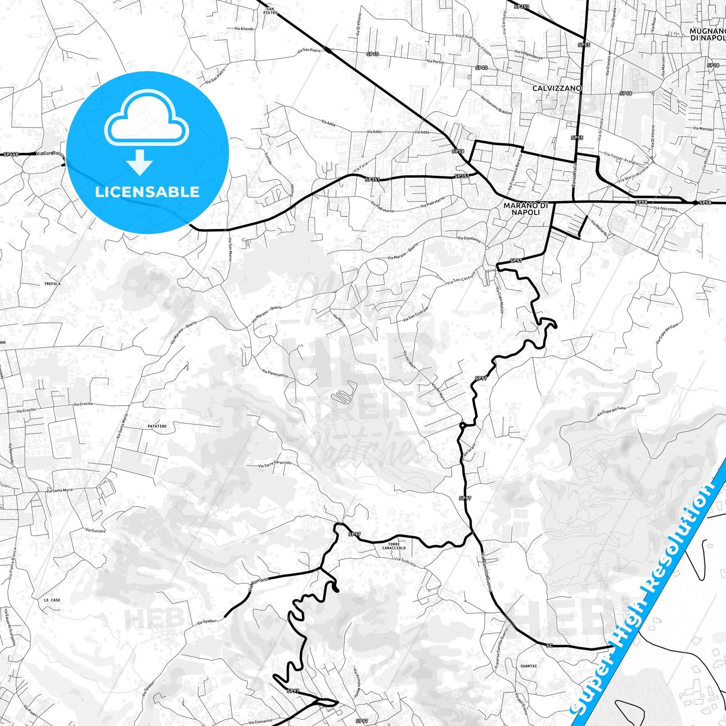 Marano di Napoli, Italy Light Map with Street Names, City Names, and Districts