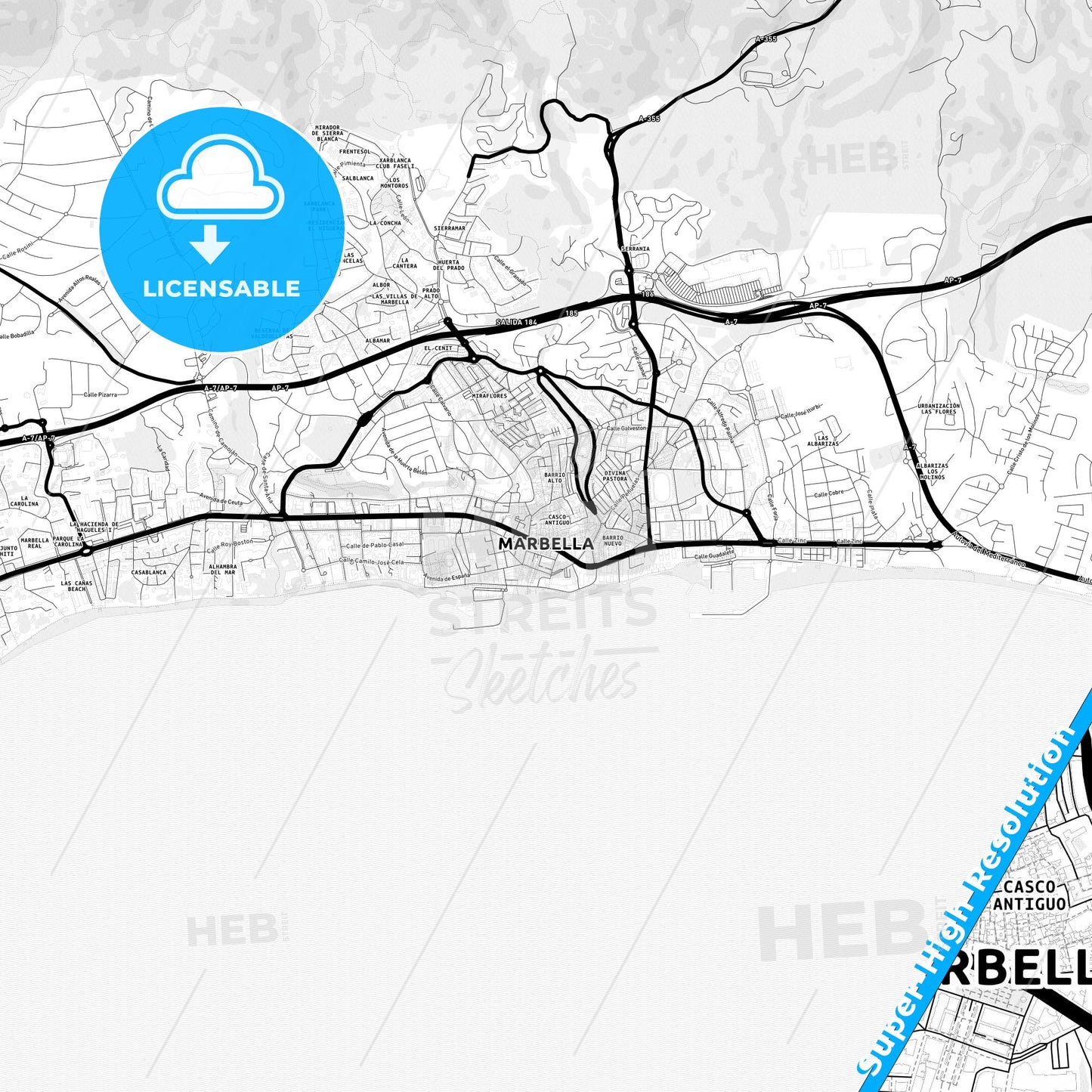 Marbella, Spain Light Map with Street Names, City Names, and Districts