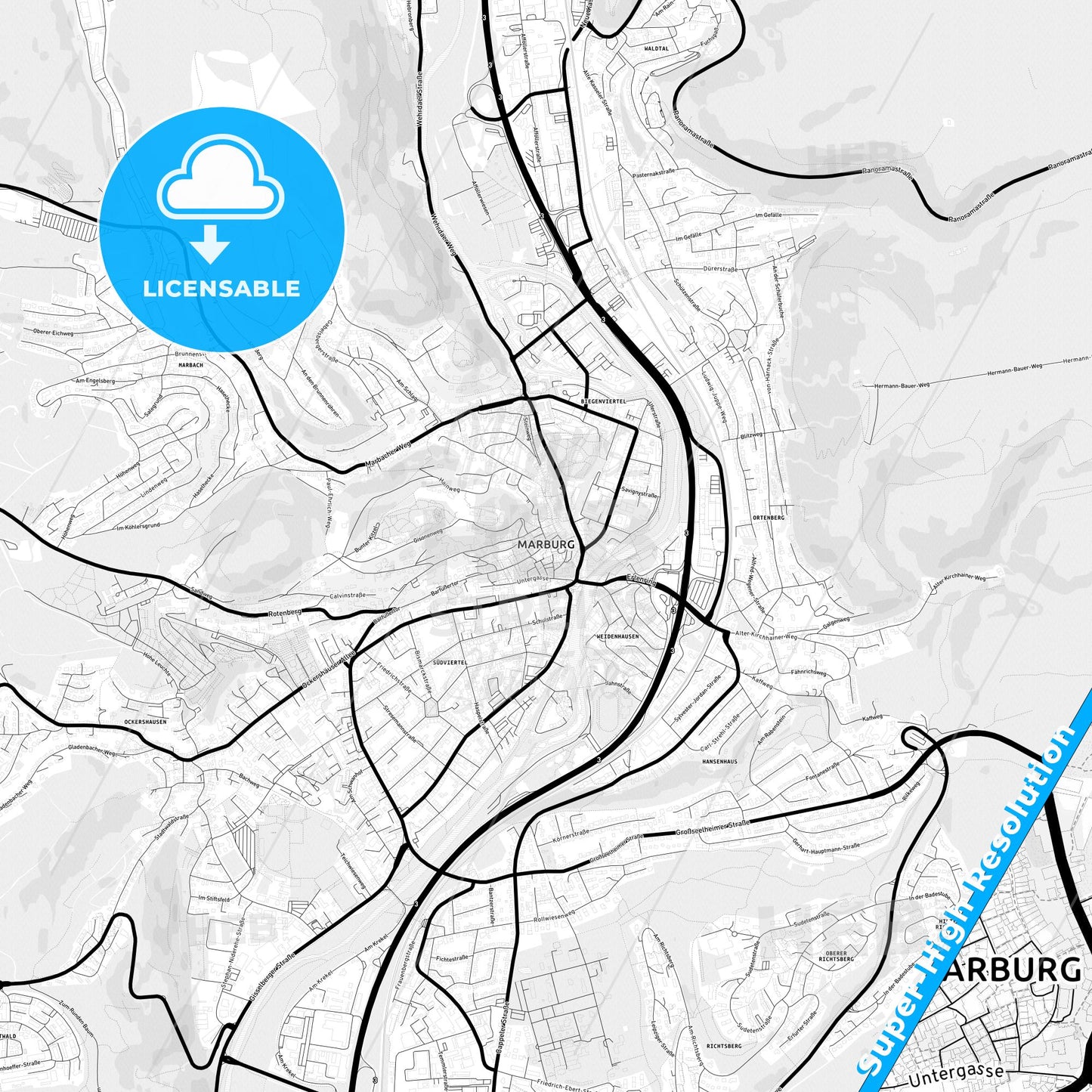 Marburg, Germany Light Map with Street Names, City Names, and Districts