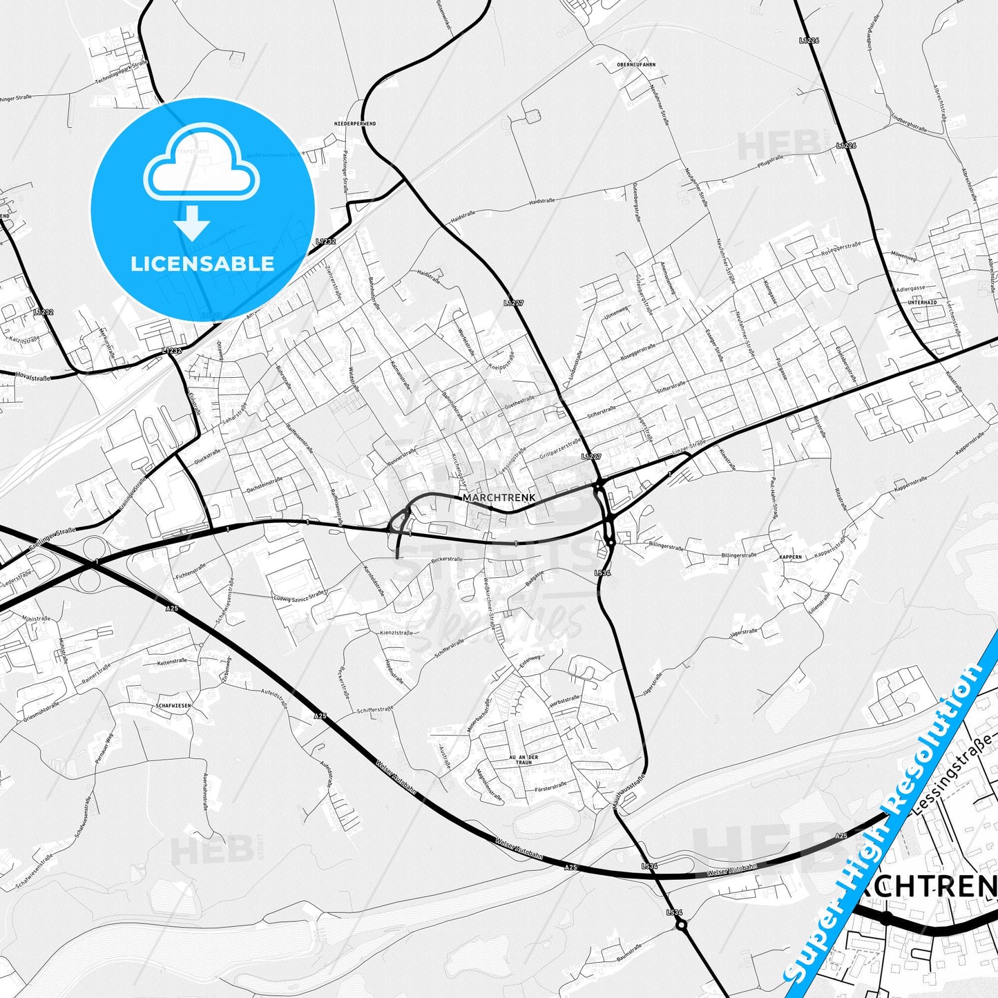Marchtrenk, Austria Light Map with Street Names, City Names, and Districts