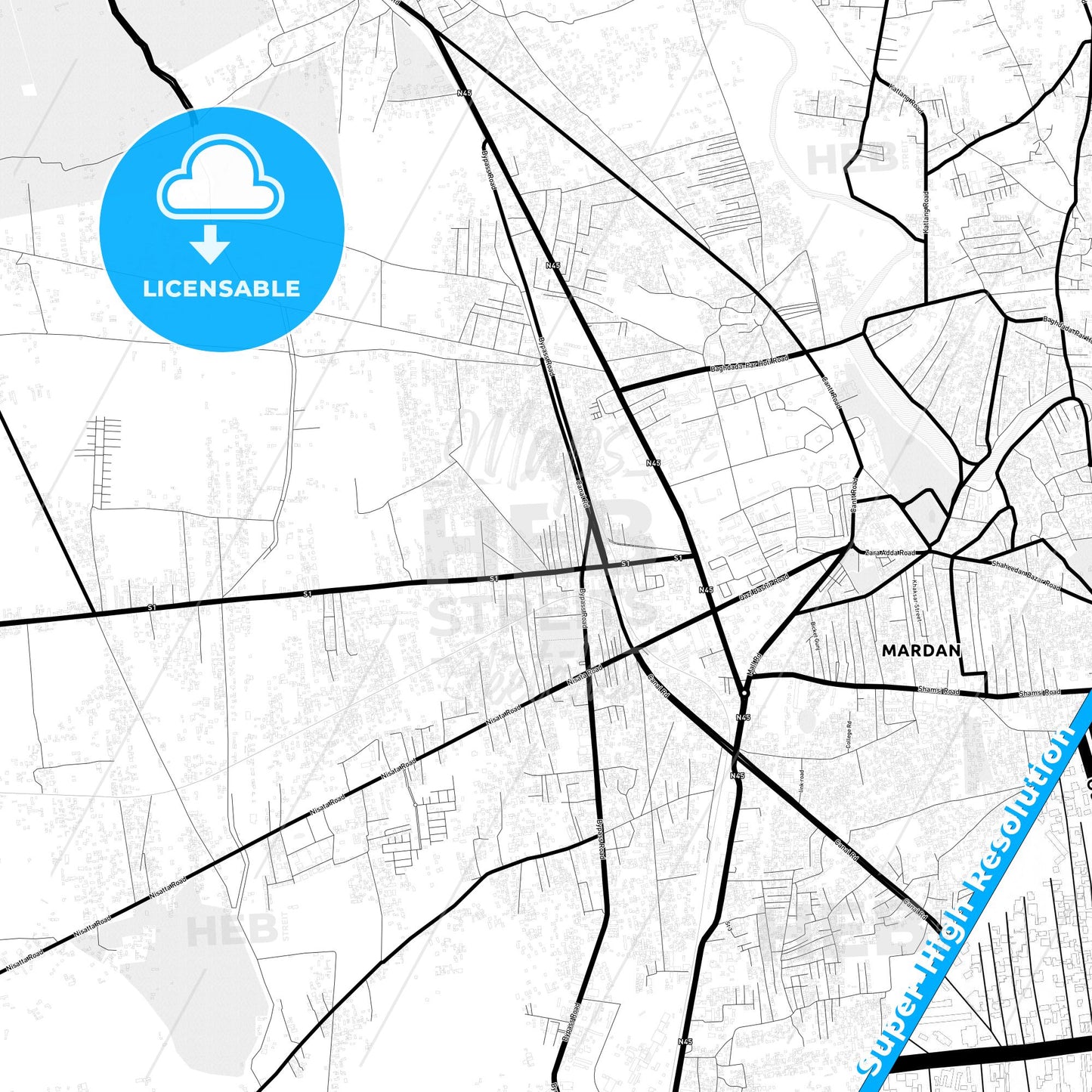 Mardan, Pakistan Light Map with Street Names, City Names, and Districts