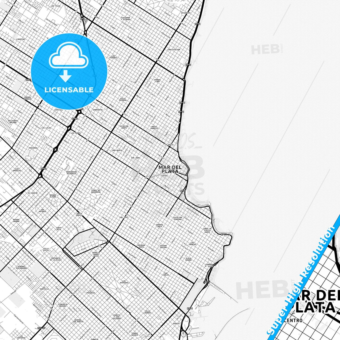 Mar del Plata, Argentina Light Map with Street Names, City Names, and Districts