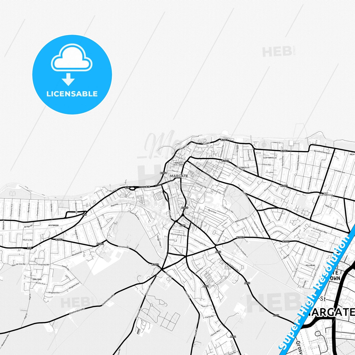 Margate, England Light Map with Street Names, City Names, and Districts