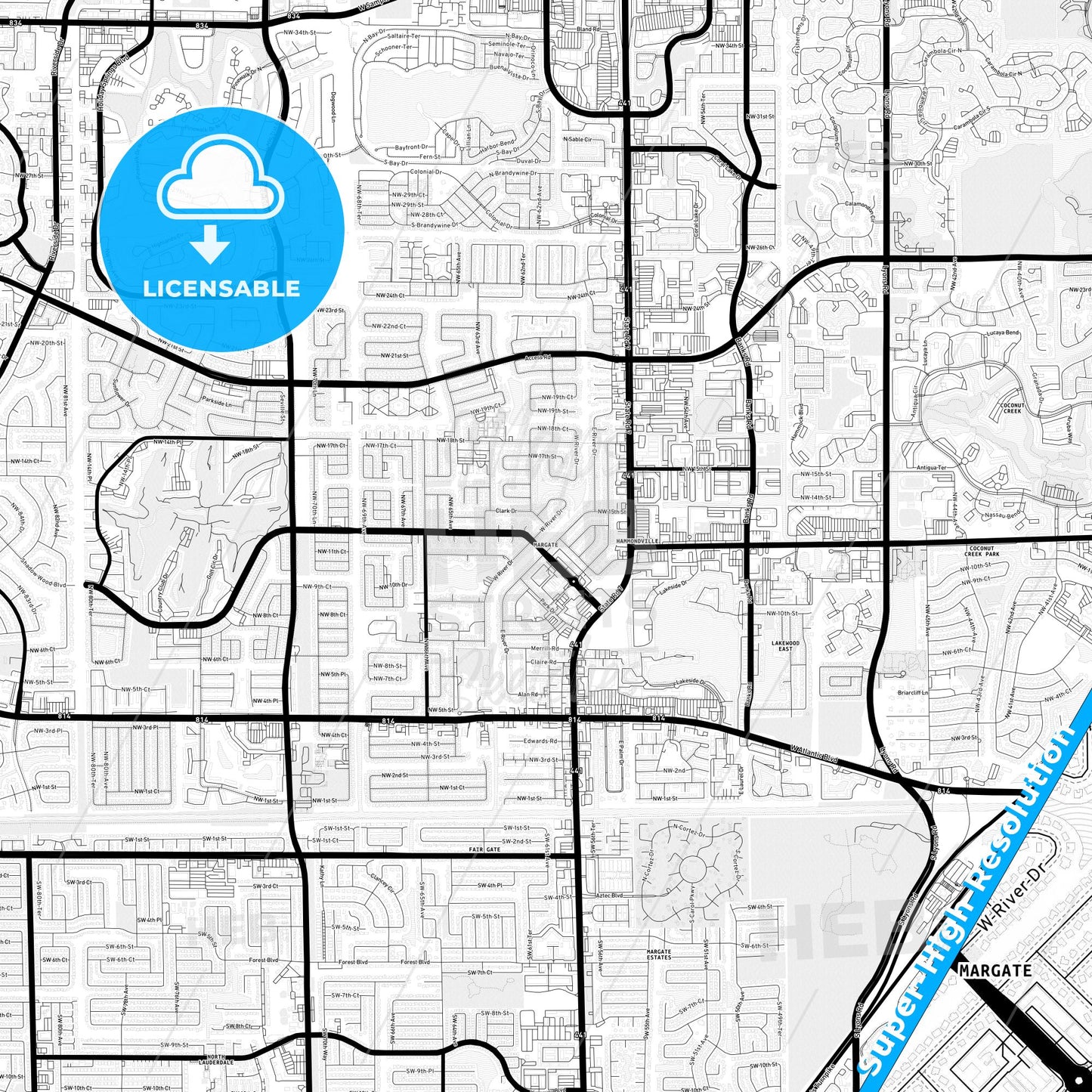 Margate, Florida Light Map with Street Names, City Names, and Districts