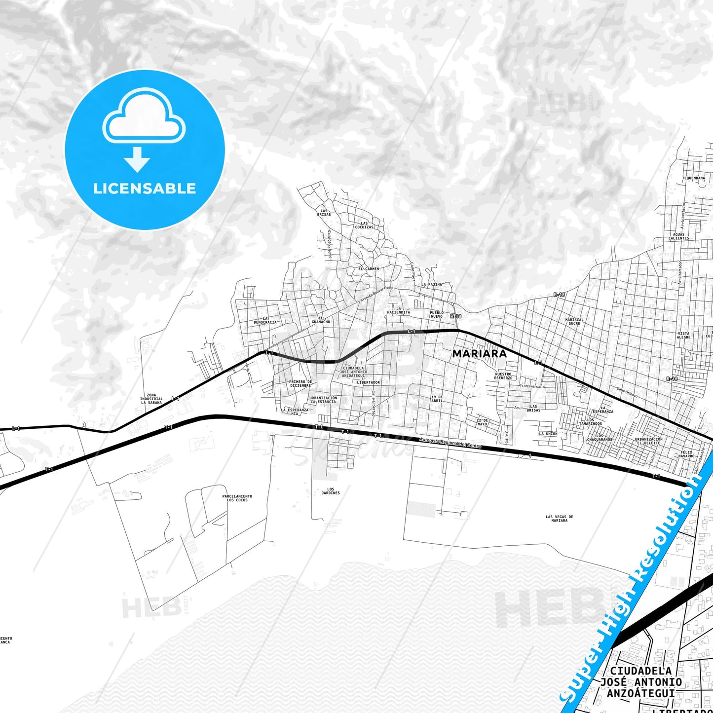 Mariara, Venezuela Light Map with Street Names, City Names, and Districts