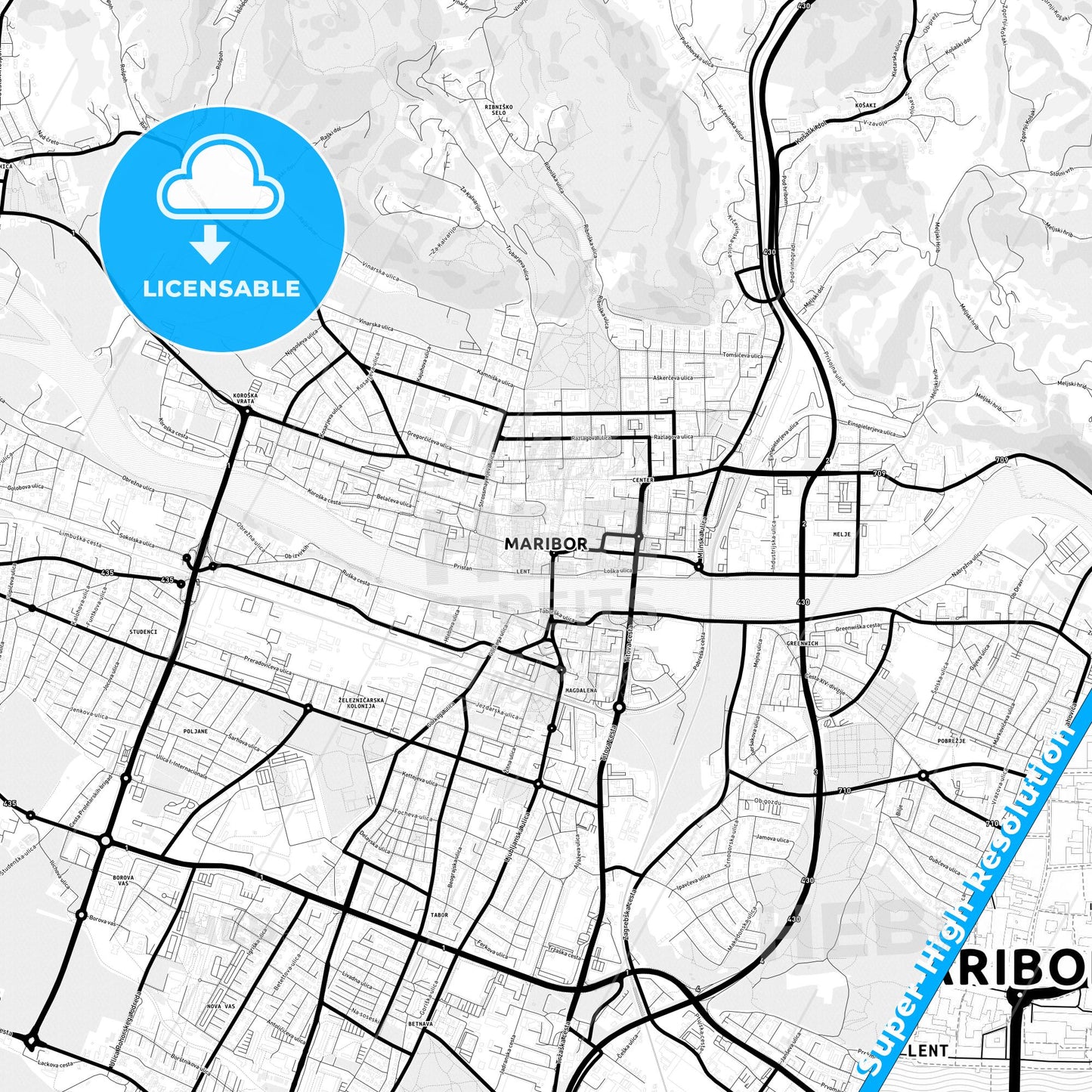 Maribor, Slovenia Light Map with Street Names, City Names, and Districts