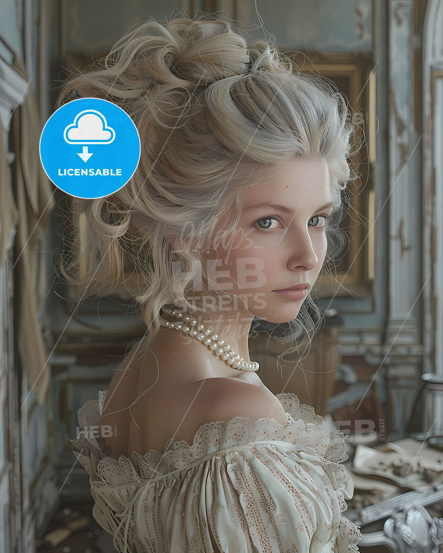 Melancholic Marie Antoinette in Versailles' Hall of Mirrors, Artfully Depicted in Watercolor