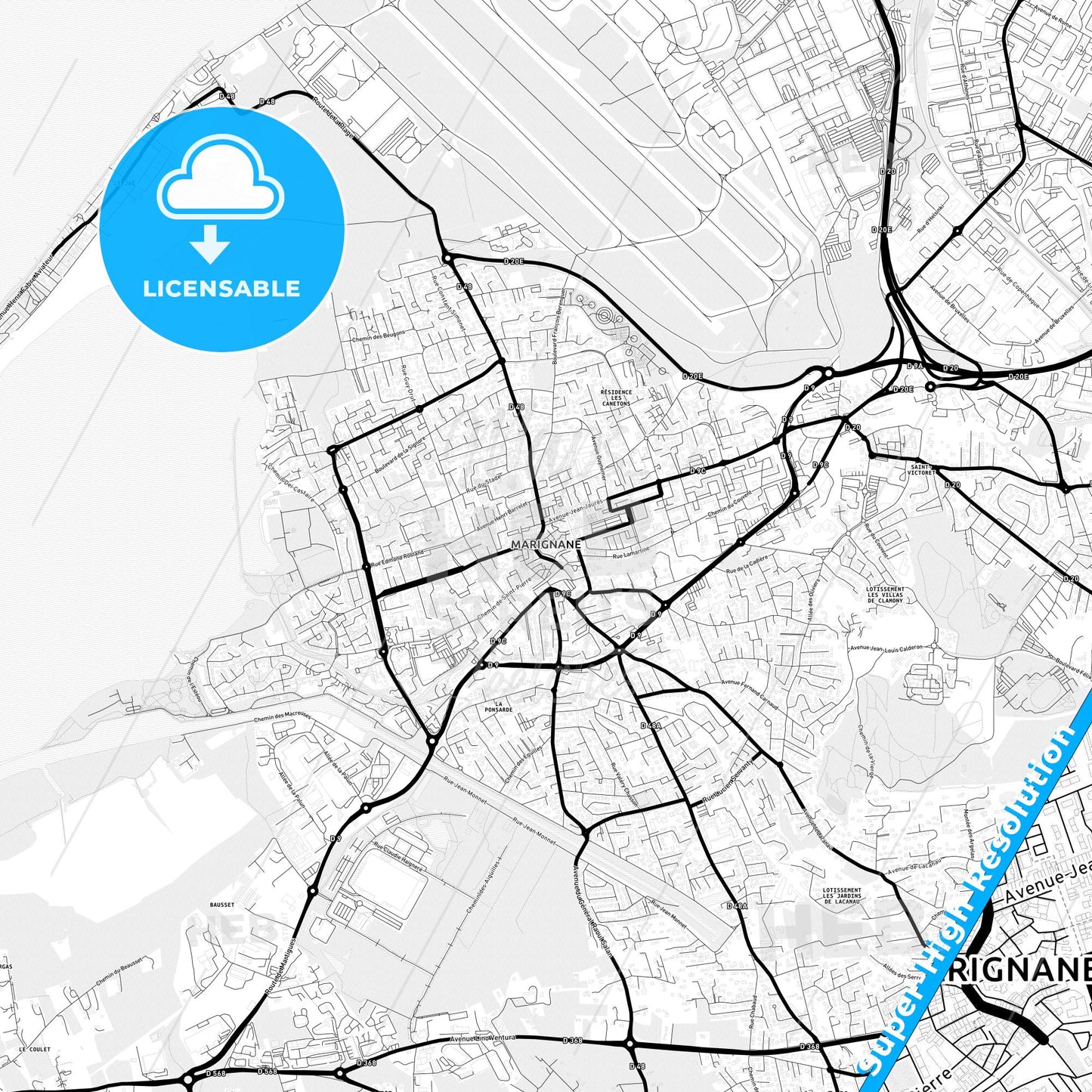 Marignane, France Light Map with Street Names, City Names, and Districts