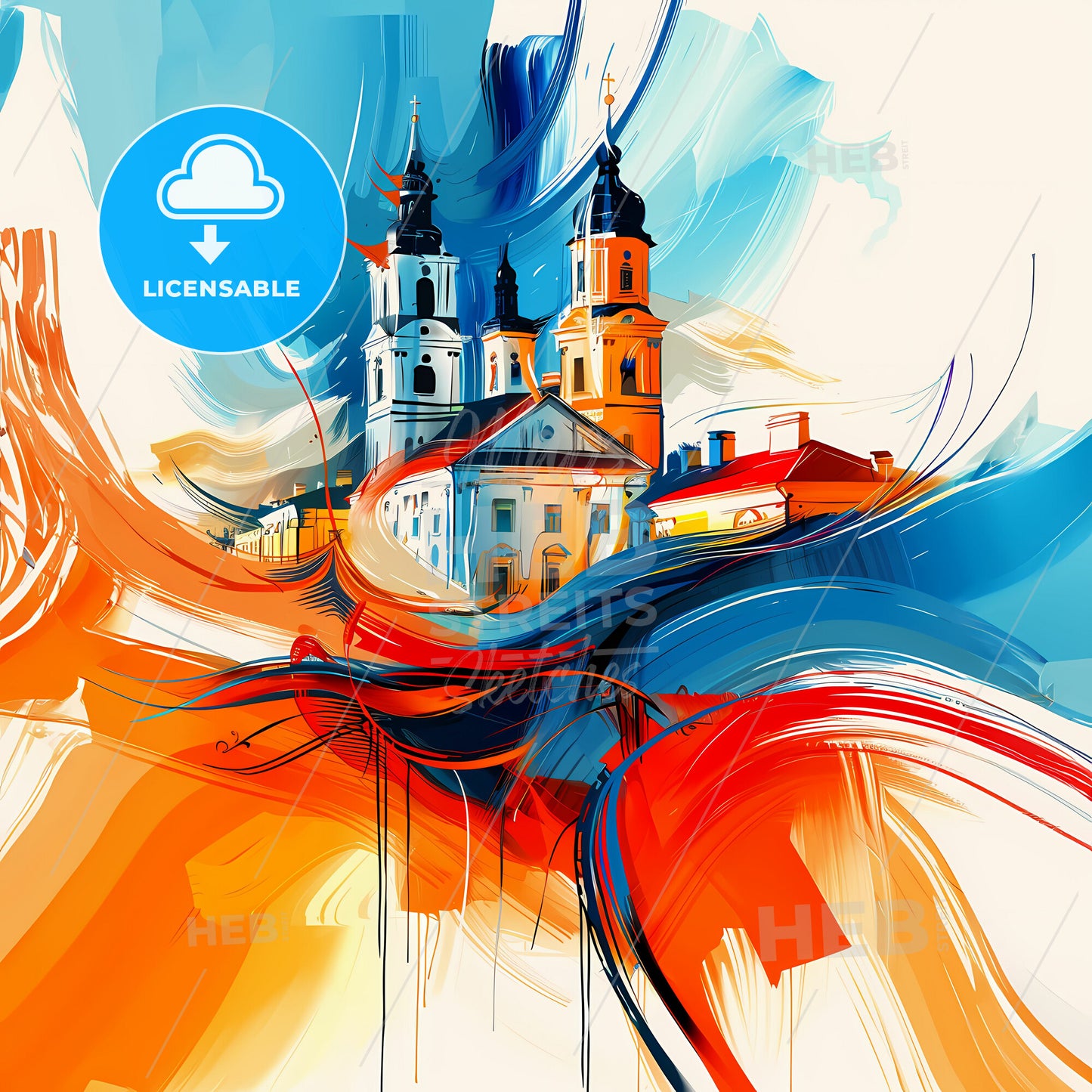 Vibrant Marijampolė, Lithuania - A Painting Of A Building With Towers And A Red And Blue Swirl