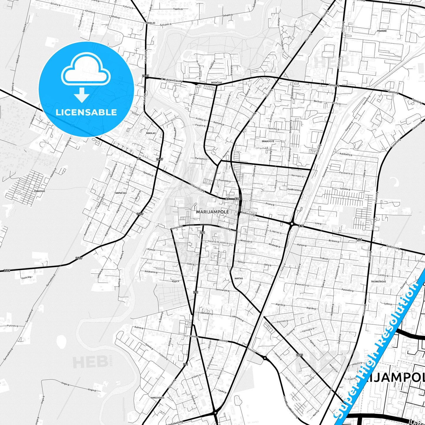 Marijampolė, Lithuania Light Map with Street Names, City Names, and Districts