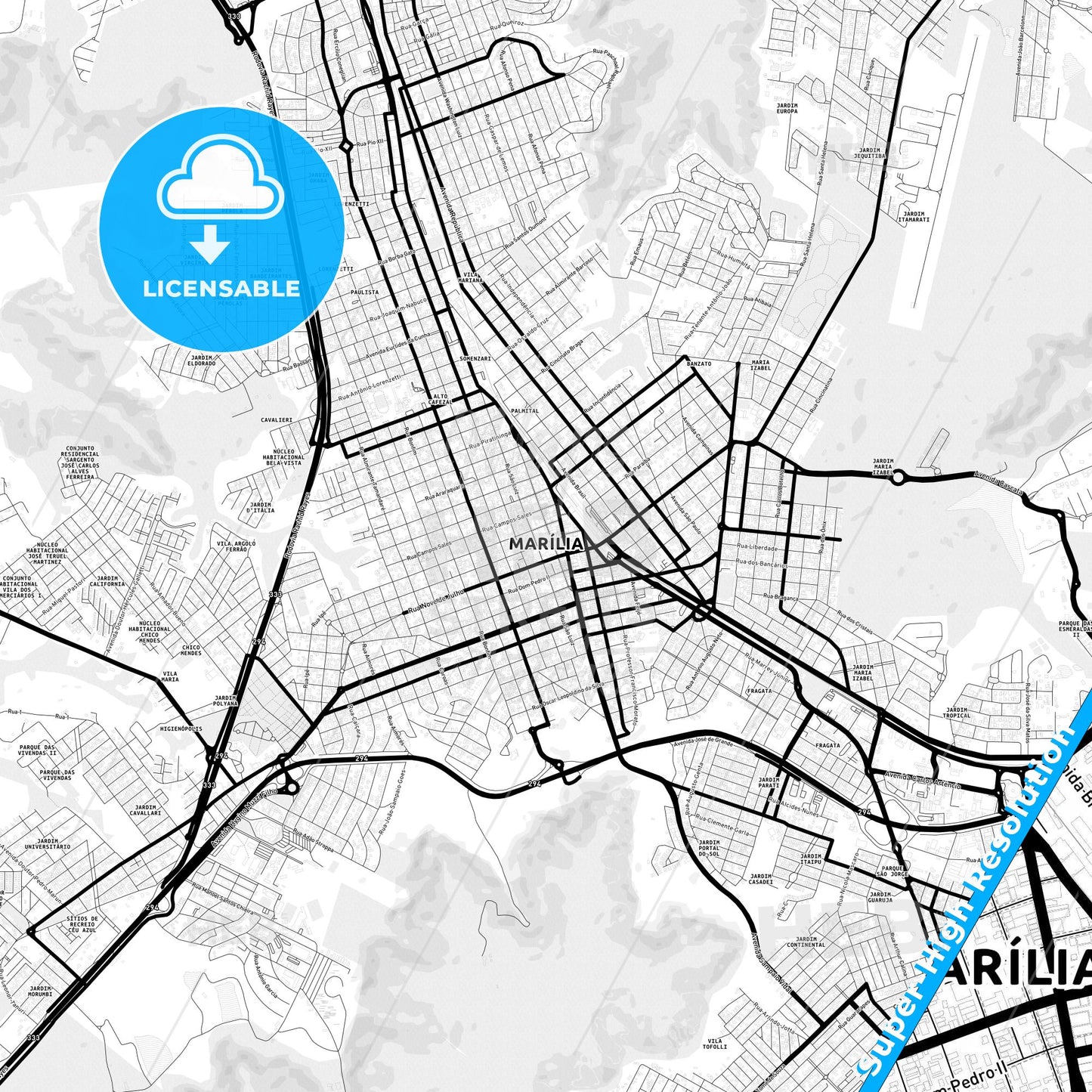 Marilia, Brazil Light Map with Street Names, City Names, and Districts