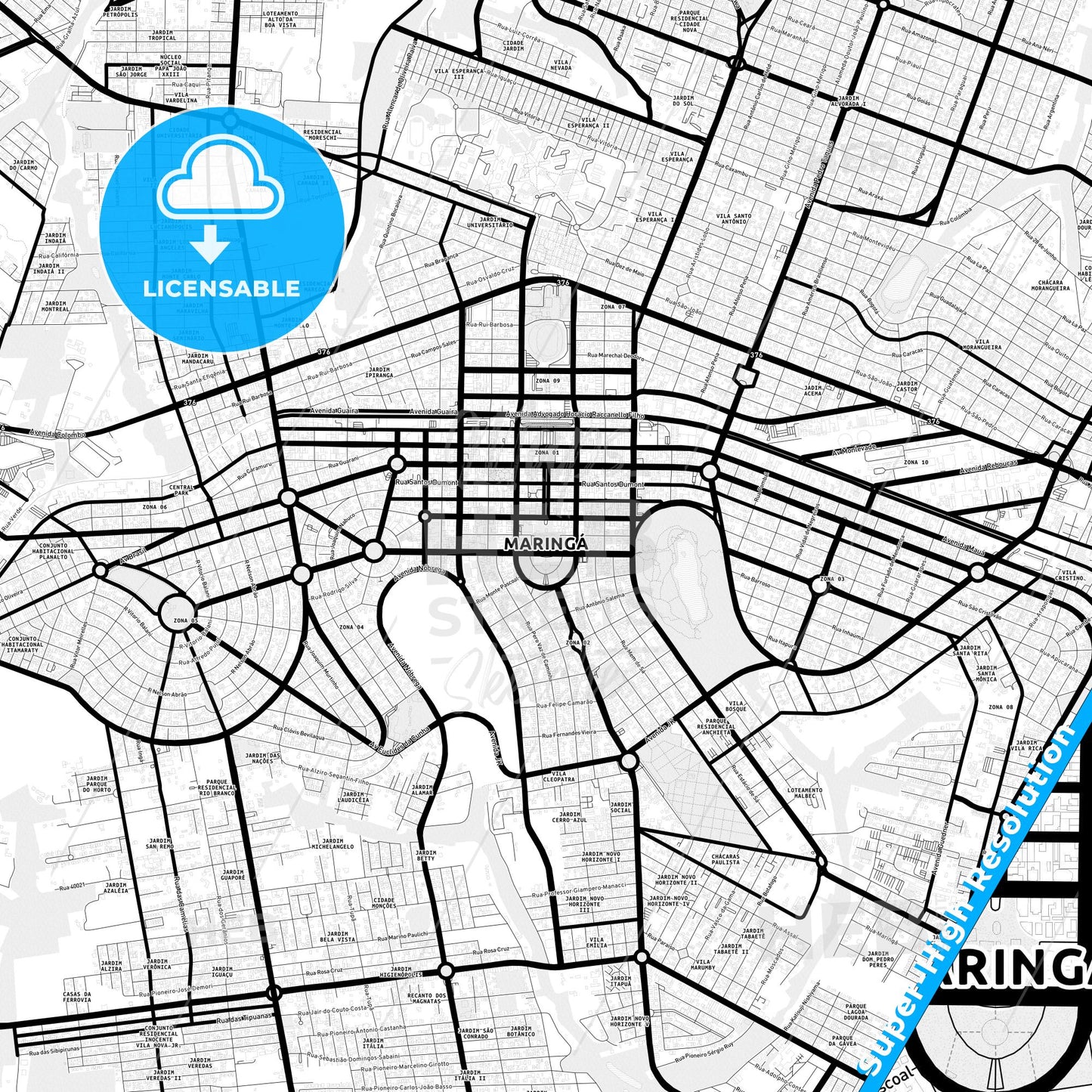 Maringa, Brazil Light Map with Street Names, City Names, and Districts
